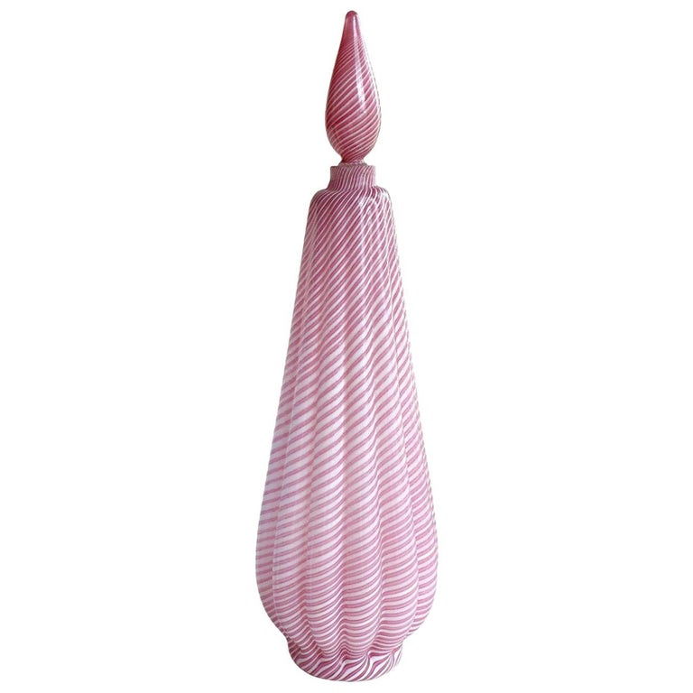 Dino Martens Murano Vintage Pink White Ribbons Ribbed Italian Art Glass Decanter In Good Condition For Sale In Kissimmee, FL