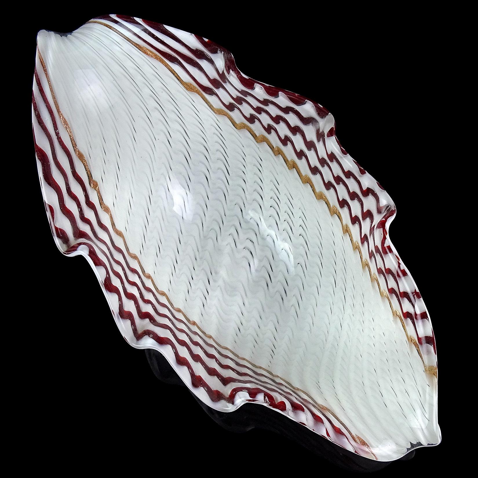 20th Century Dino Martens Murano White Red Aventurine Ribbons Italian Art Glass Center Bowl For Sale