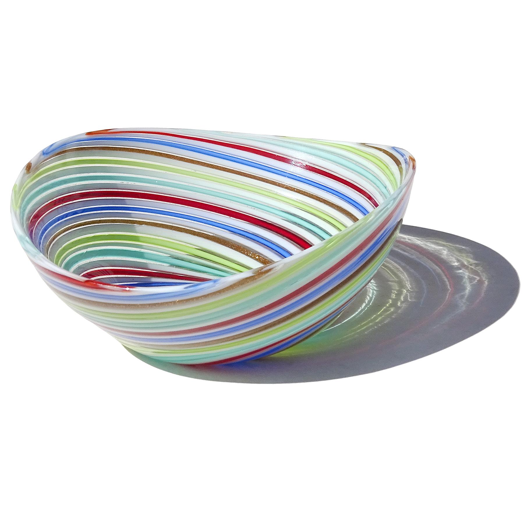 Mid-Century Modern Dino Martens Murano White Red Blue Aventurine Italian Art Glass Ribbons Dish For Sale