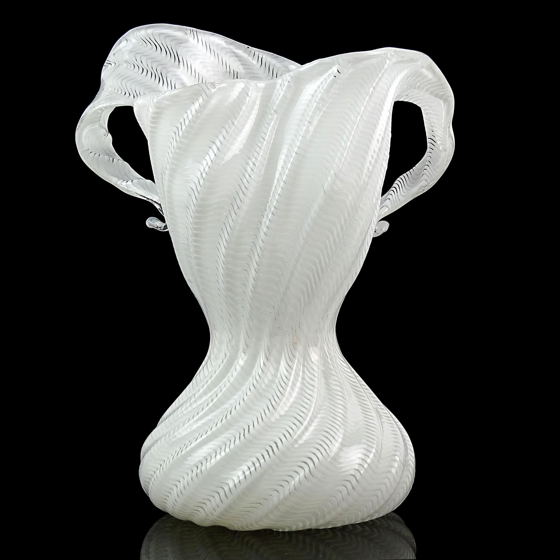 Gorgeous and rare, vintage Murano hand blown white ribbons Italian art glass sculptural woman shape, body dress, flower vase. Documented to designer Dino Martens for Aureliano Toso, circa 1954, model number 5961. The piece is published in the
