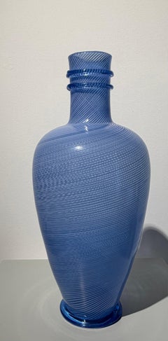 Dino Martens for Aureliano Toso, Blue and white reeded vase, Murano 1955