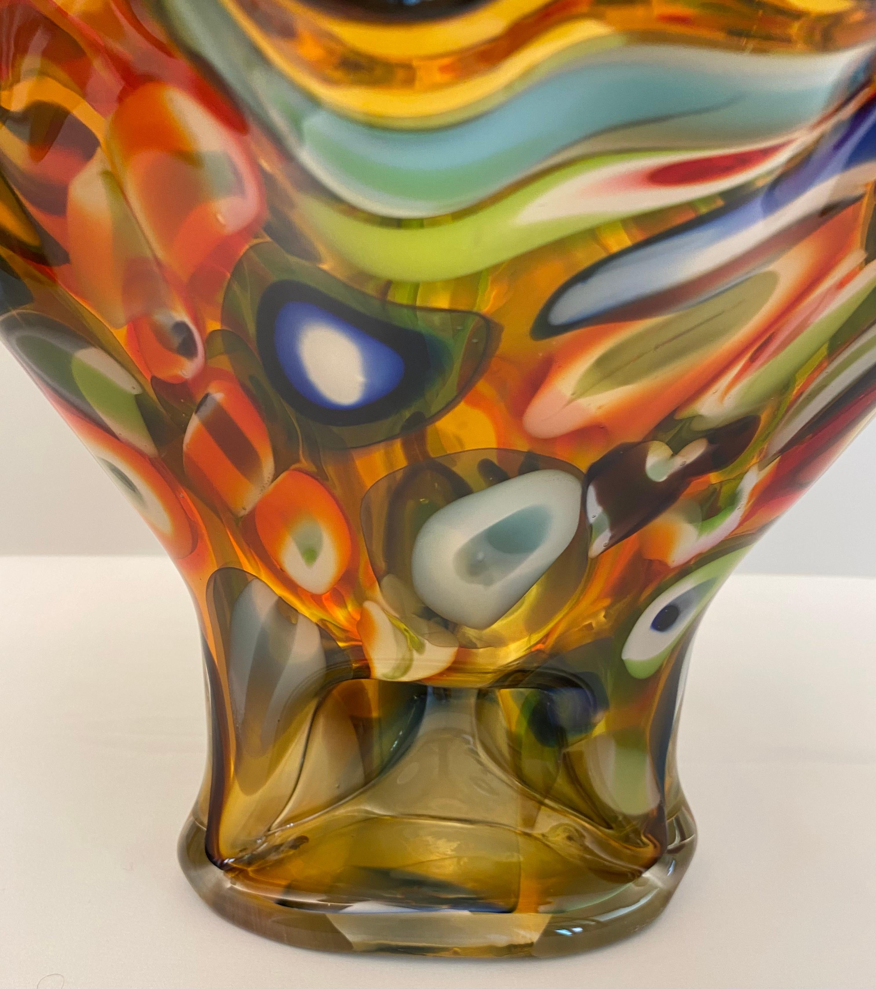 Hand-Crafted Dino Martens Style Multicolored Italian Art Glass Vase Handkerchief Design  For Sale