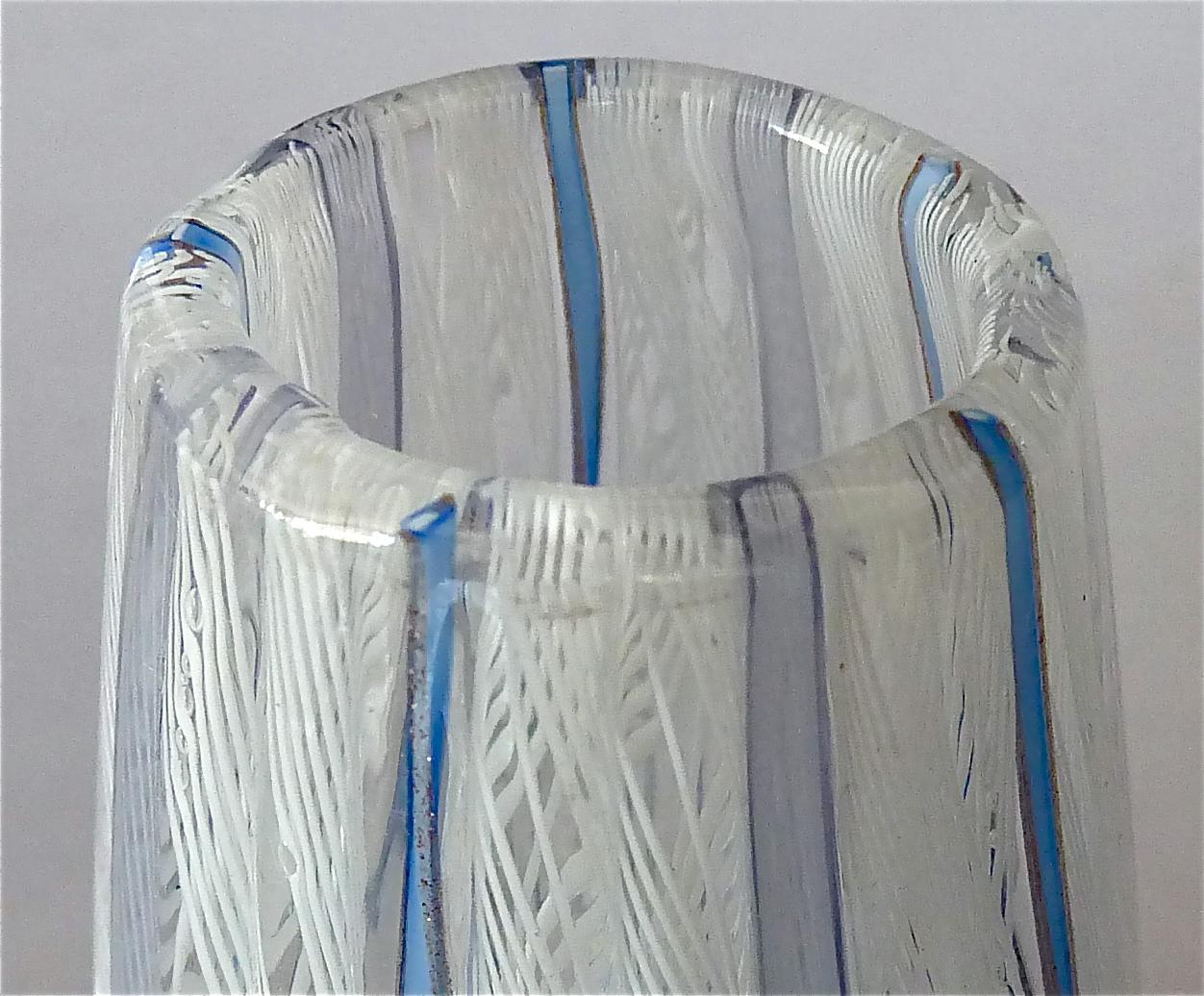 Italian Dino Martens Vase for Aureliano Toso White Blue Murano Art Glass, Italy, 1950s For Sale
