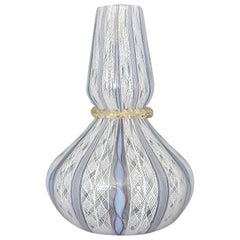 Dino Martens Vase for Aureliano Toso White Blue Murano Art Glass, Italy, 1950s