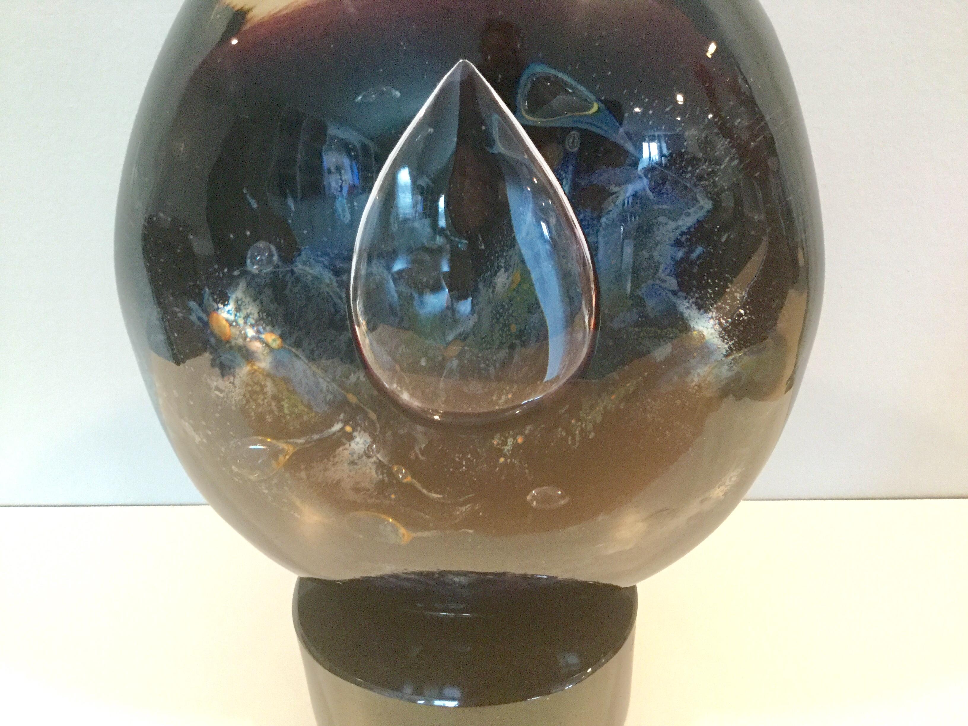Signed Dino Rosin planetary Murano sculpture in chalcedony glass.