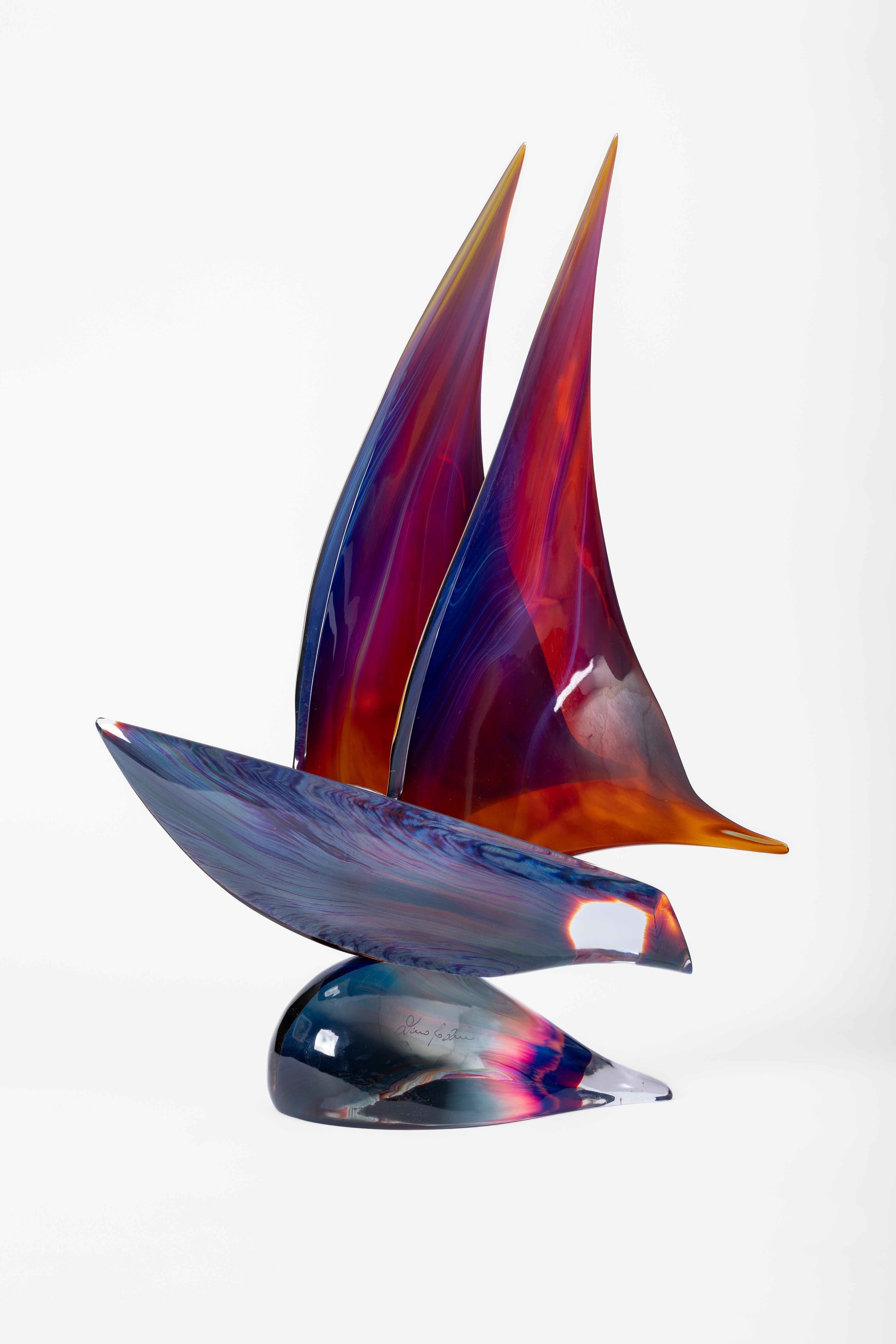 Sailboat by Dino Rosin 
Dino Rosin (°Italy °1948) is a Murano based artist.


Big glass sculpture in calcedonia technique.
Handcrafted and mouthblown.
This unique item was created in the year 2000

From this boat, the artist made several copies, but
