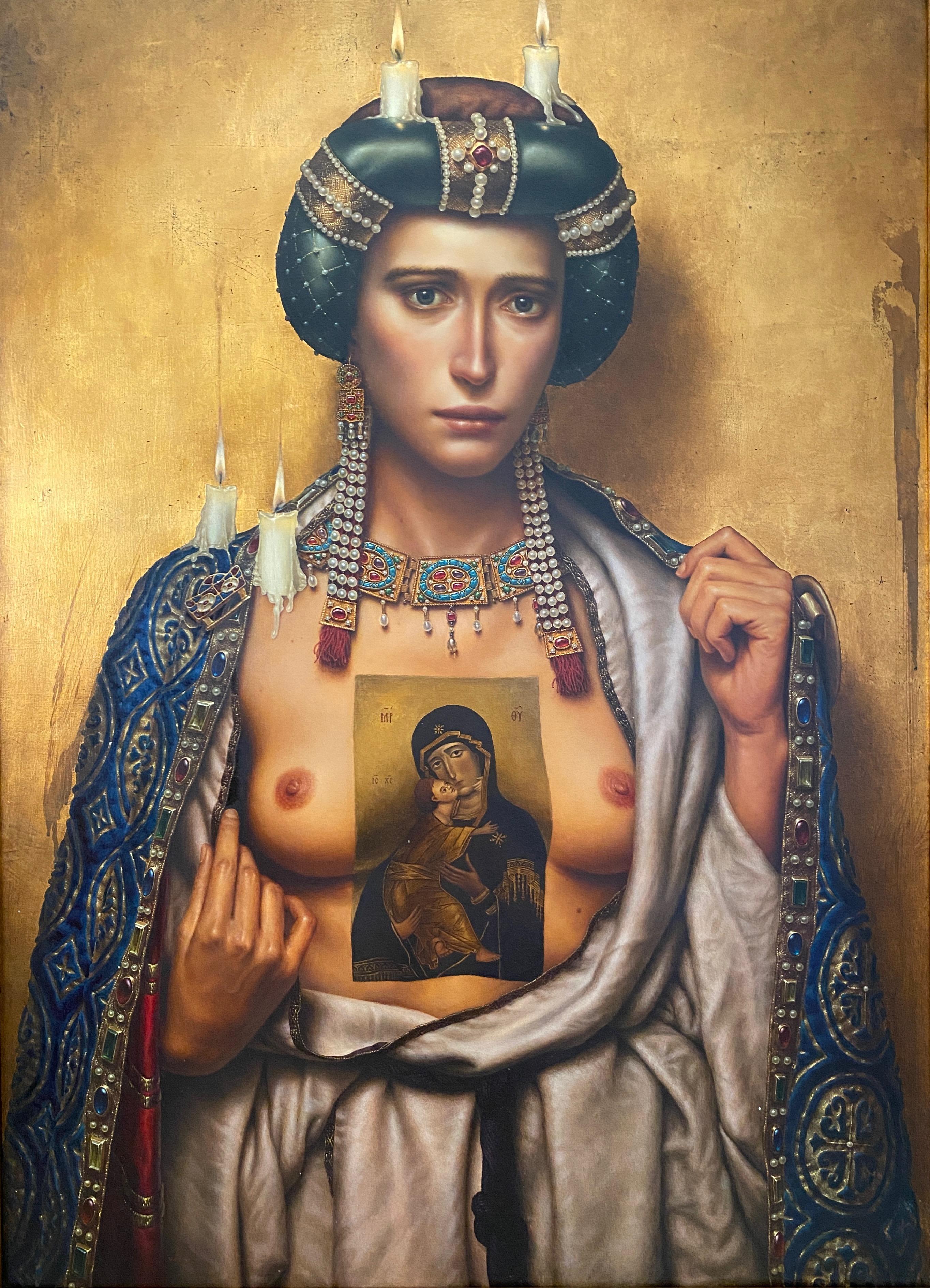 Glycofilusa. 
Oil on panel 100 x 70 cm / Framed 

The title of this work, is a Greek term that refers to an iconographic form of representation of the baby Jesus and the Virgin Mary typical of Byzantine art, especially in icons. The Virgin holds the
