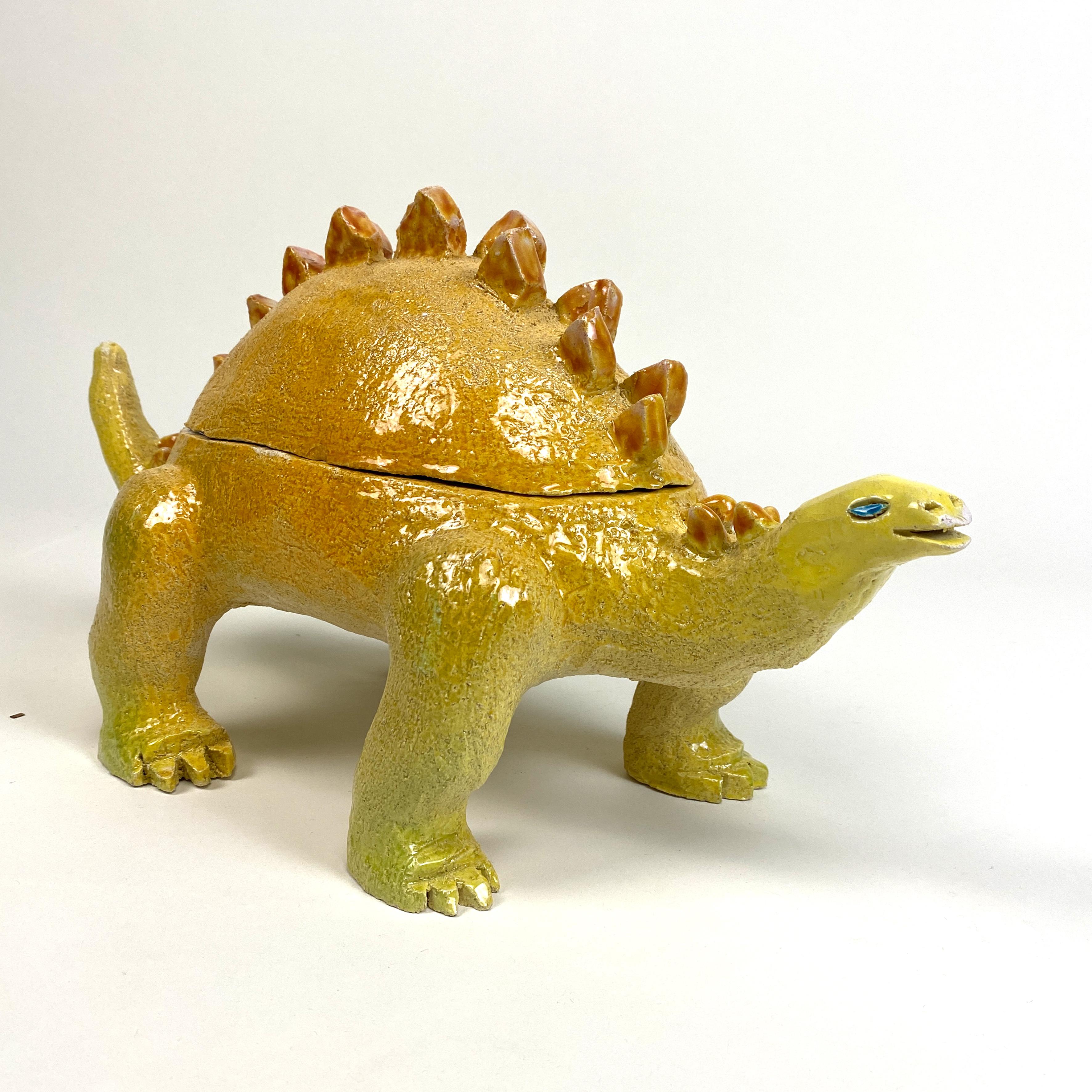Glazed Dinodish, One of a kind ceramic hand-sculpted glazed box/dish, Blue finish For Sale