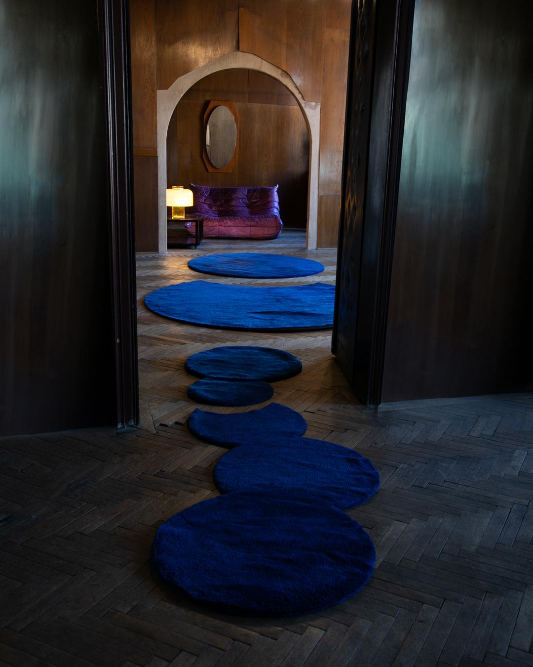 Contemporary Monochrome Hand-Knotted Navy and Blue Puzzle Rug Made from Finest Wool (L) For Sale