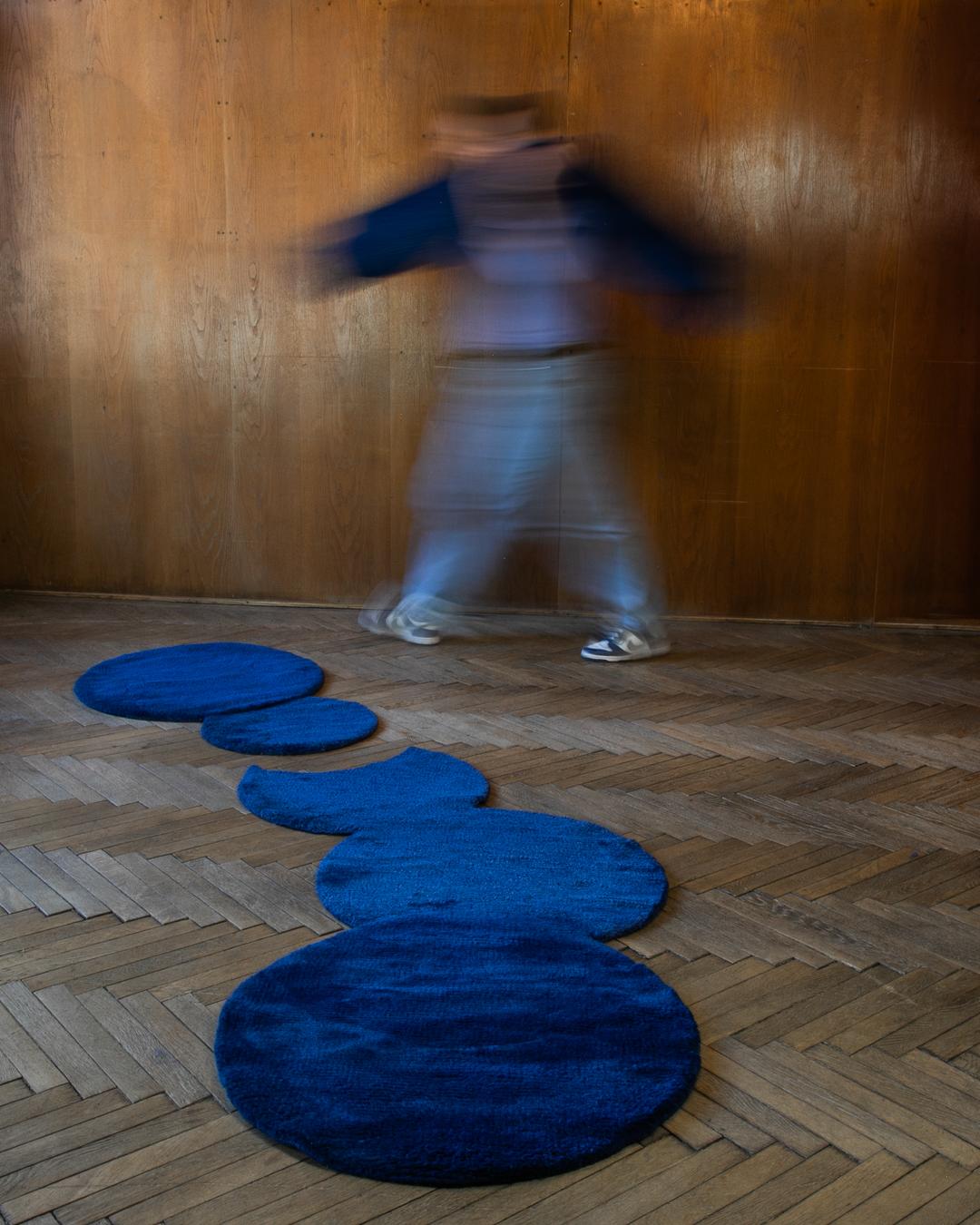 Monochrome Hand-Knotted Navy and Blue Puzzle Rug Made from Finest Wool (L) For Sale 1