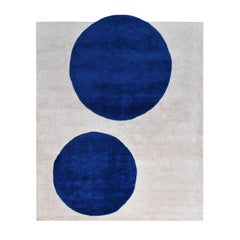 Tappeto Puzzle moderno annodato a mano in lana pregiata color crema e blu (L)