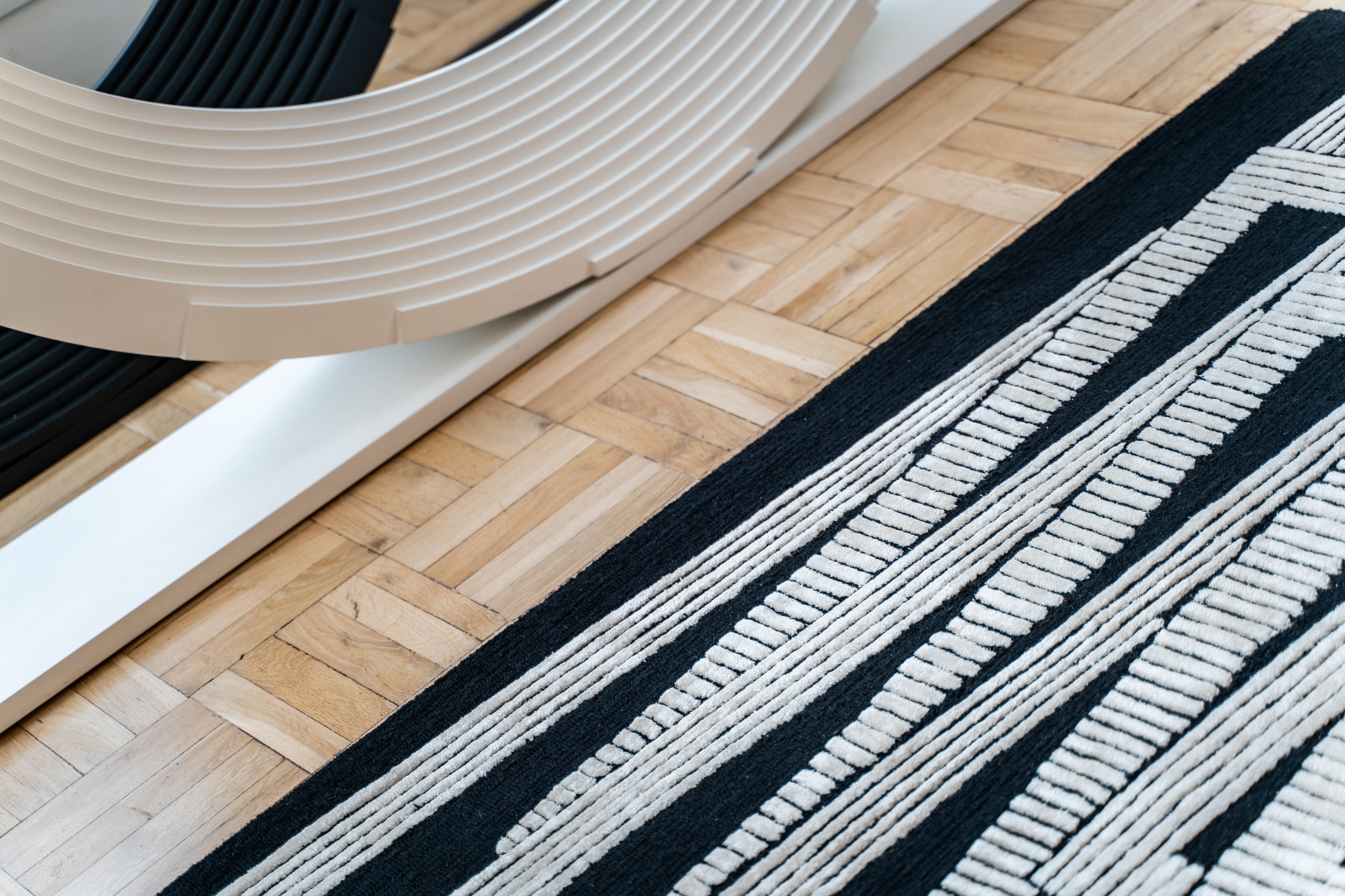 Hand-Woven Black and White Monochrome Rectangular Rug Made from Wool, Linen and Silk For Sale