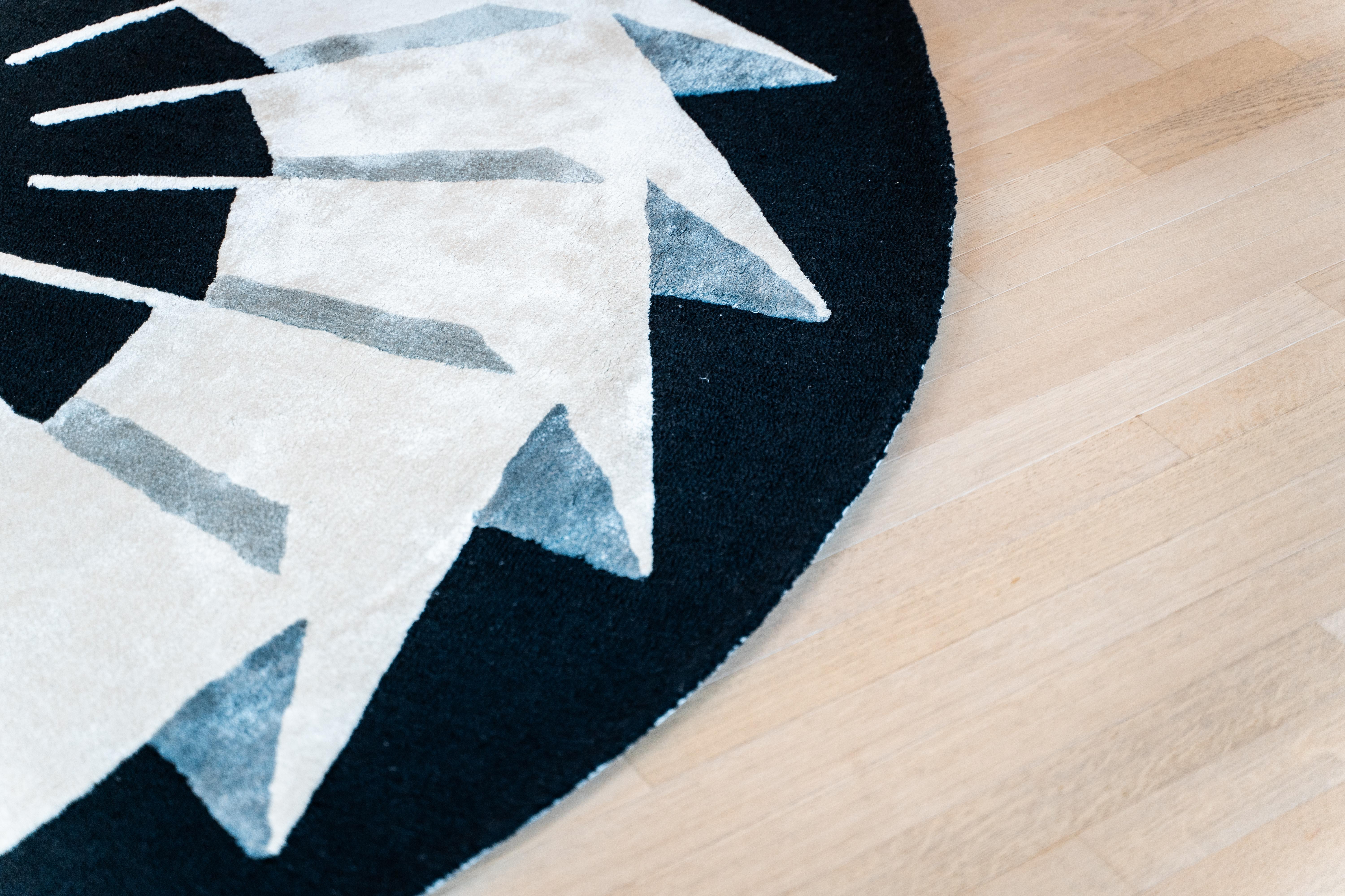 Contemporary Black and White Monochrome Round Rug Made from Wool, Linen and Silk For Sale