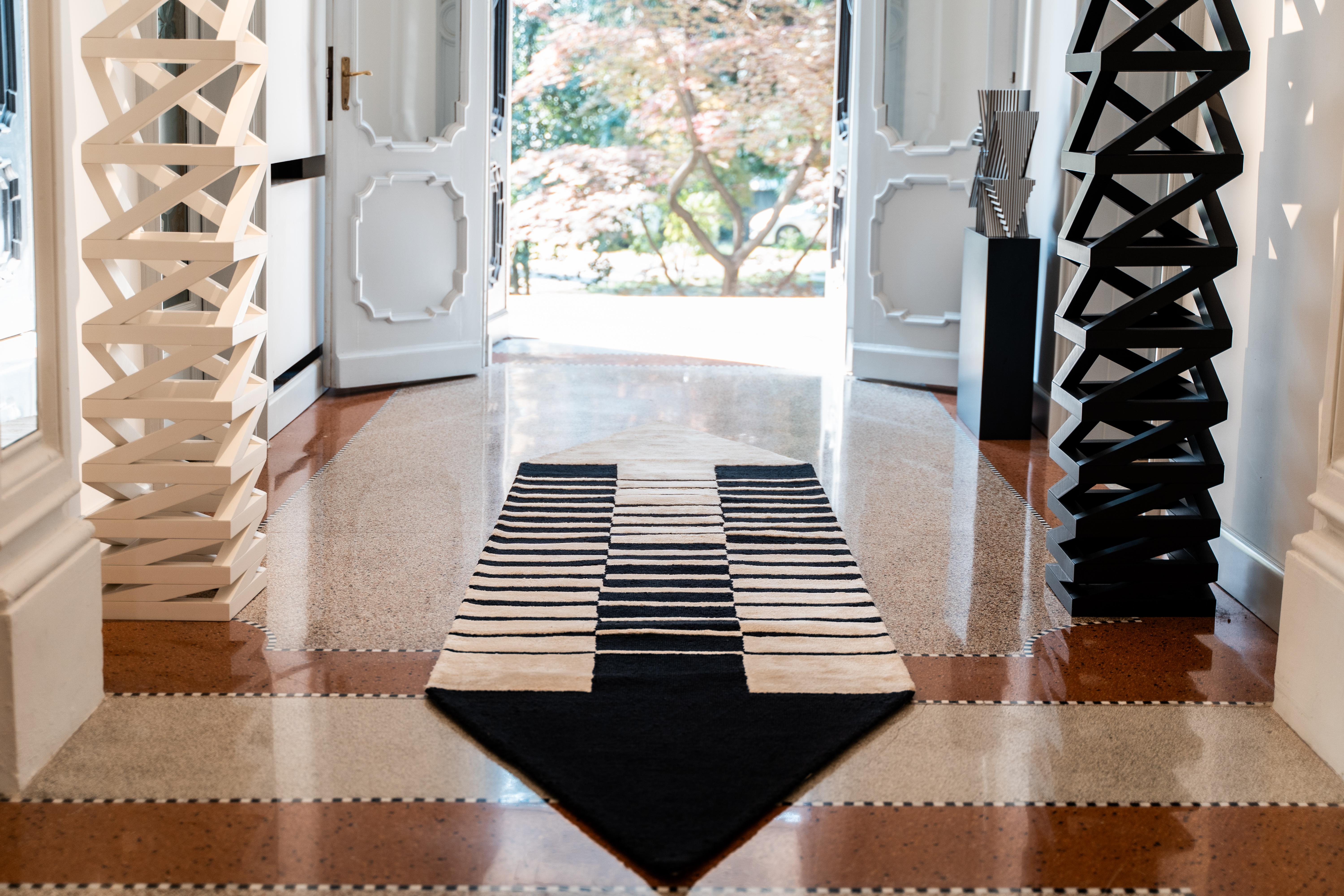Hand-Woven Black and White Monochrome Runner Rug Made from Wool, Linen and Silk For Sale