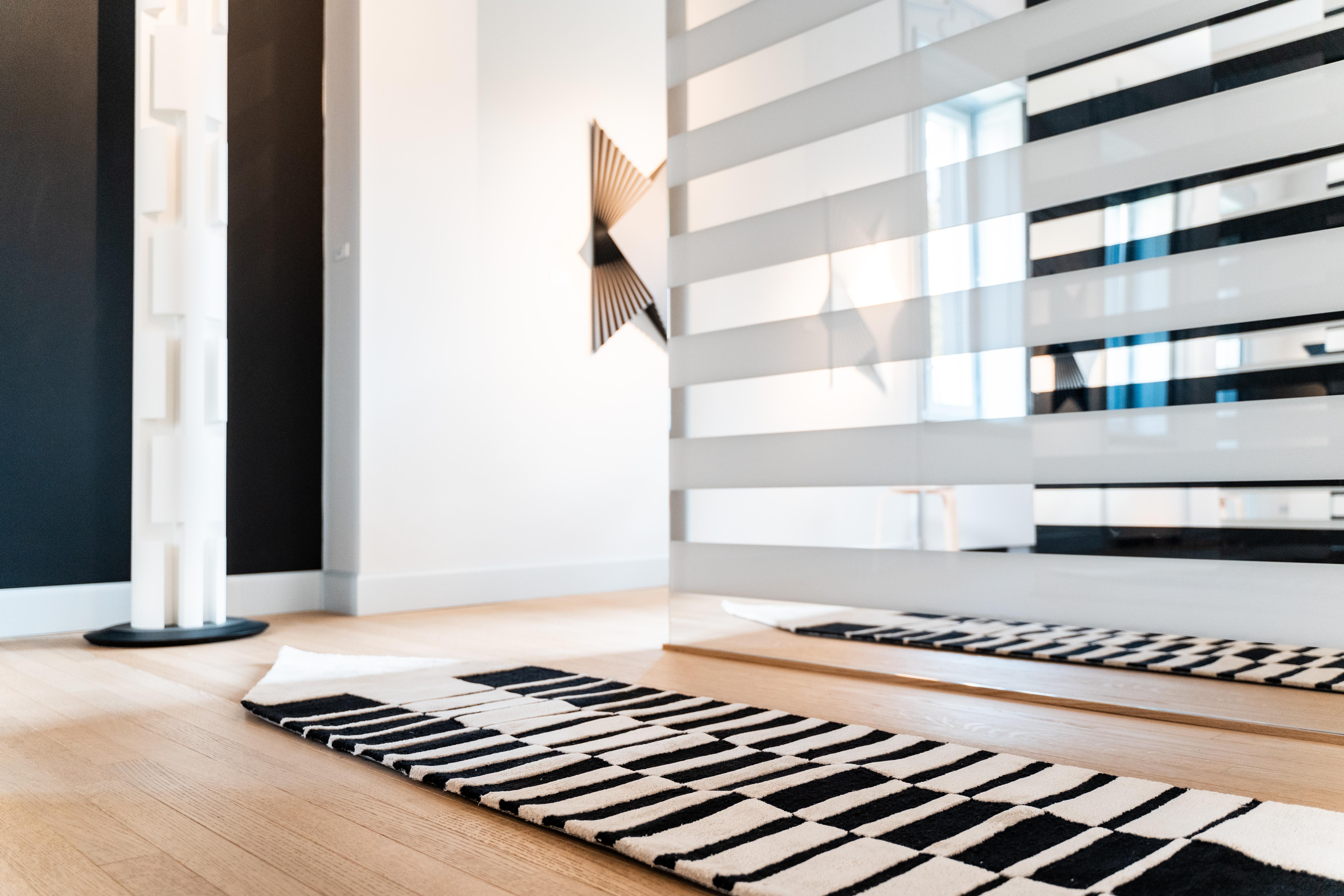 Contemporary Black and White Monochrome Runner Rug Made from Wool, Linen and Silk For Sale