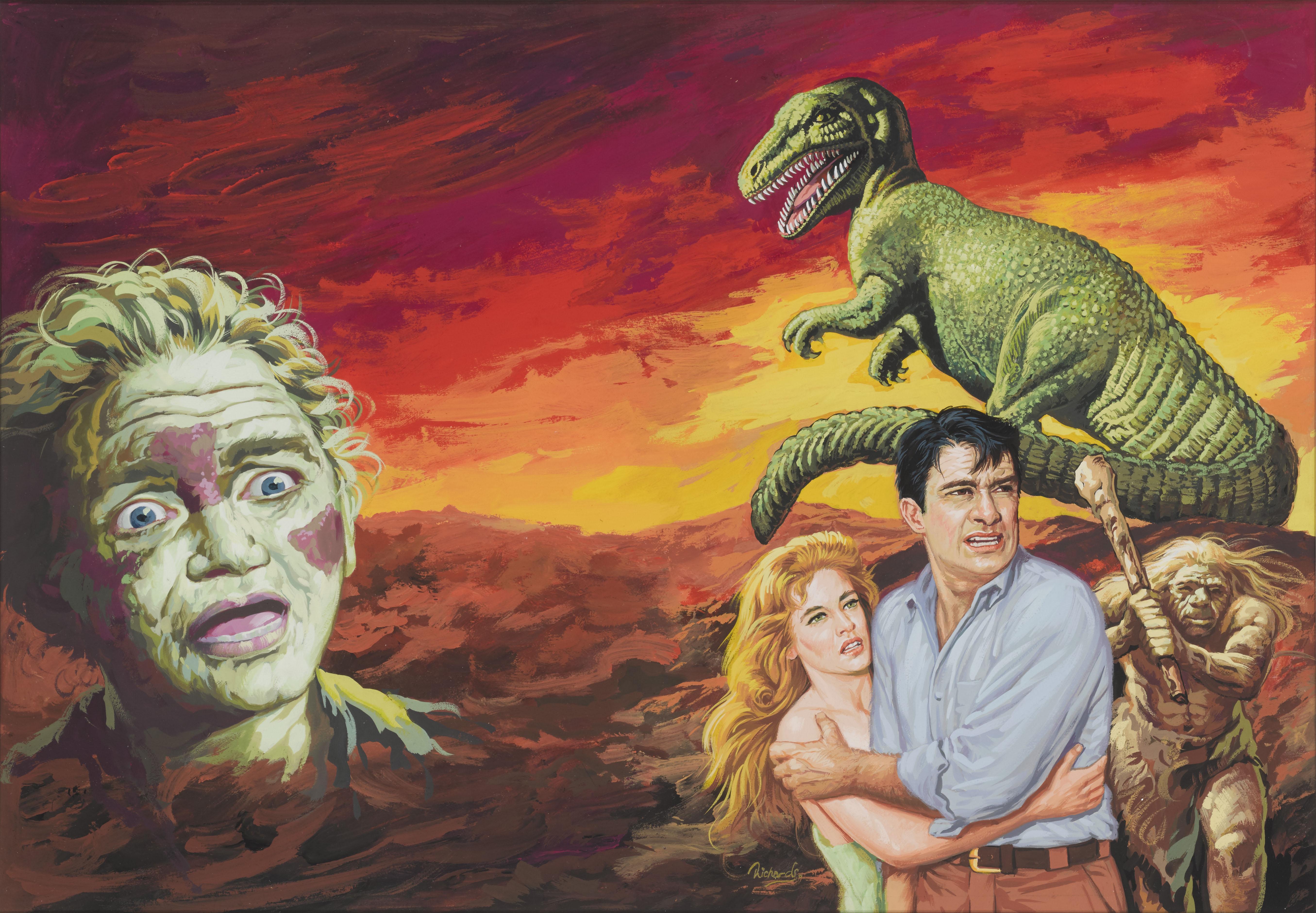 ¡Dinosaurio! 1960. Obra original gouache sobre cartulina
para una cubierta de vidio años 70 En el borde inferior debajo del montaje pone reducir a 5 3/8 Esto era para las impresoras. En el reverso hay una etiqueta de la Asociación Gráfica Nacional.