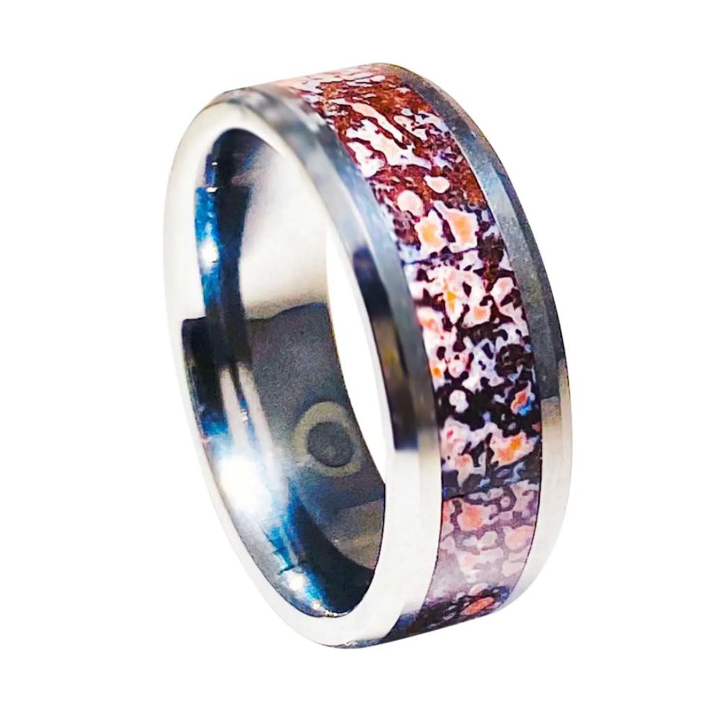 For Sale:  Dinosaur Bone Inlay 8mm Tungsten Carbide Wedding Band, Beveled Edge Design Ring 5