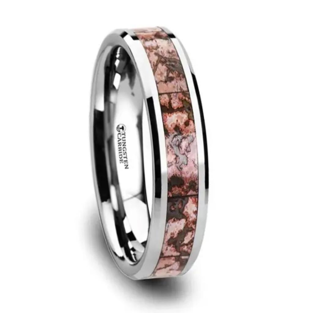 For Sale:  Dinosaur Bone Inlay 8mm Tungsten Carbide Wedding Band, Beveled Edge Design Ring 6