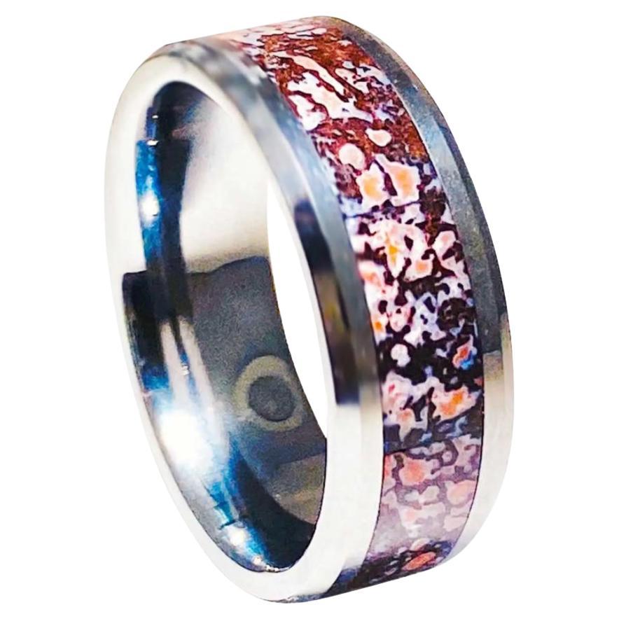For Sale:  Dinosaur Bone Inlay 8mm Tungsten Carbide Wedding Band, Beveled Edge Design Ring