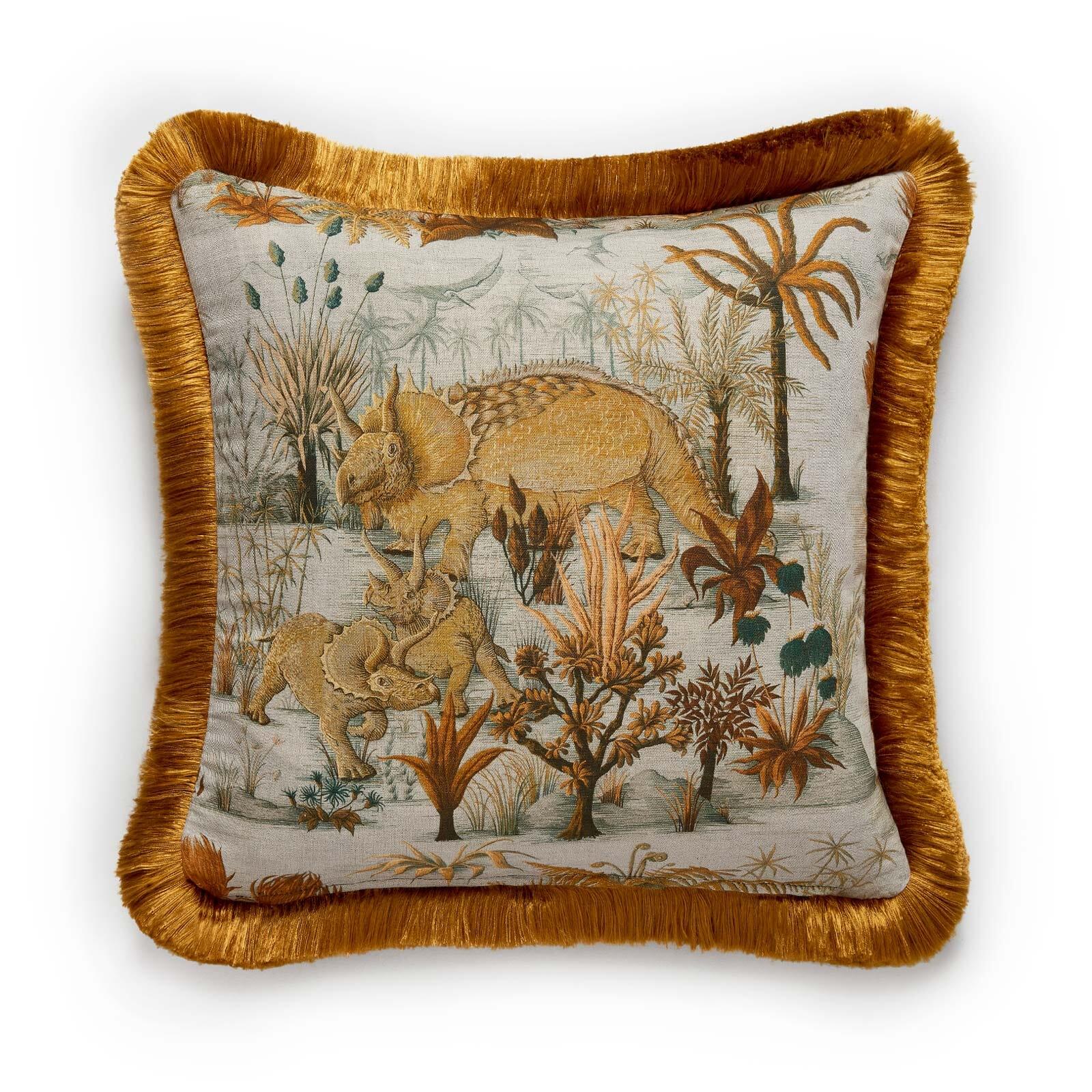 Lend your sofa a characterful update with House of Hackney's DINOSAURIA cushion. This dusk-hued design is exquisitely crafted from British cotton-linen and finished with tactile gold fringing. Mix and match yours with cushions in tonal colour