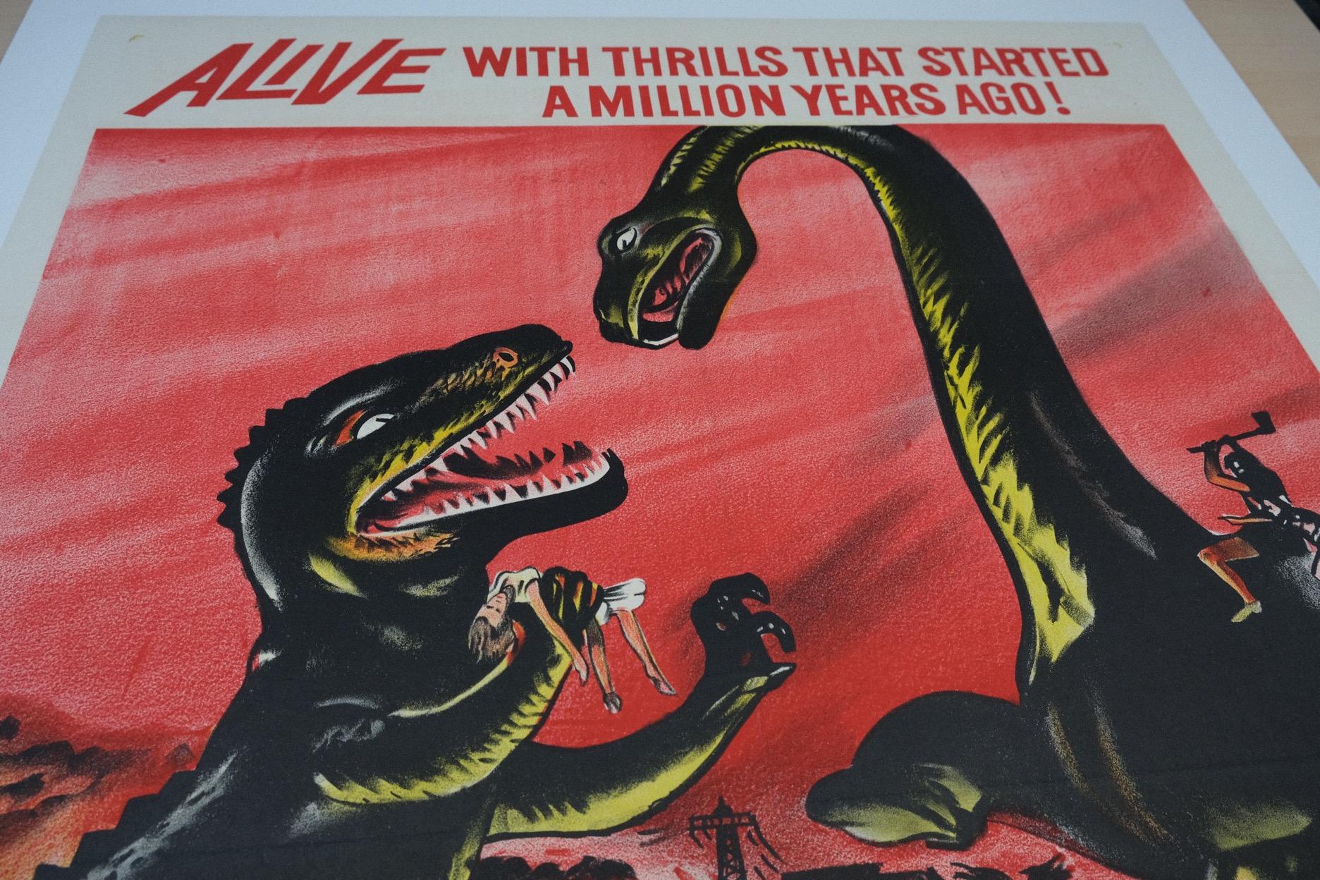 Size: One-Sheet

Condition: Very Fine

Dimensions: 1150mm x 780mm (inc. Linen Border)

Type: Original Lithographic Print - Linen Backed

Year: 1960

Details: A rare original poster for the classic 1960 Sci-Fi film ‘Dinosaurus!’. This poster is an