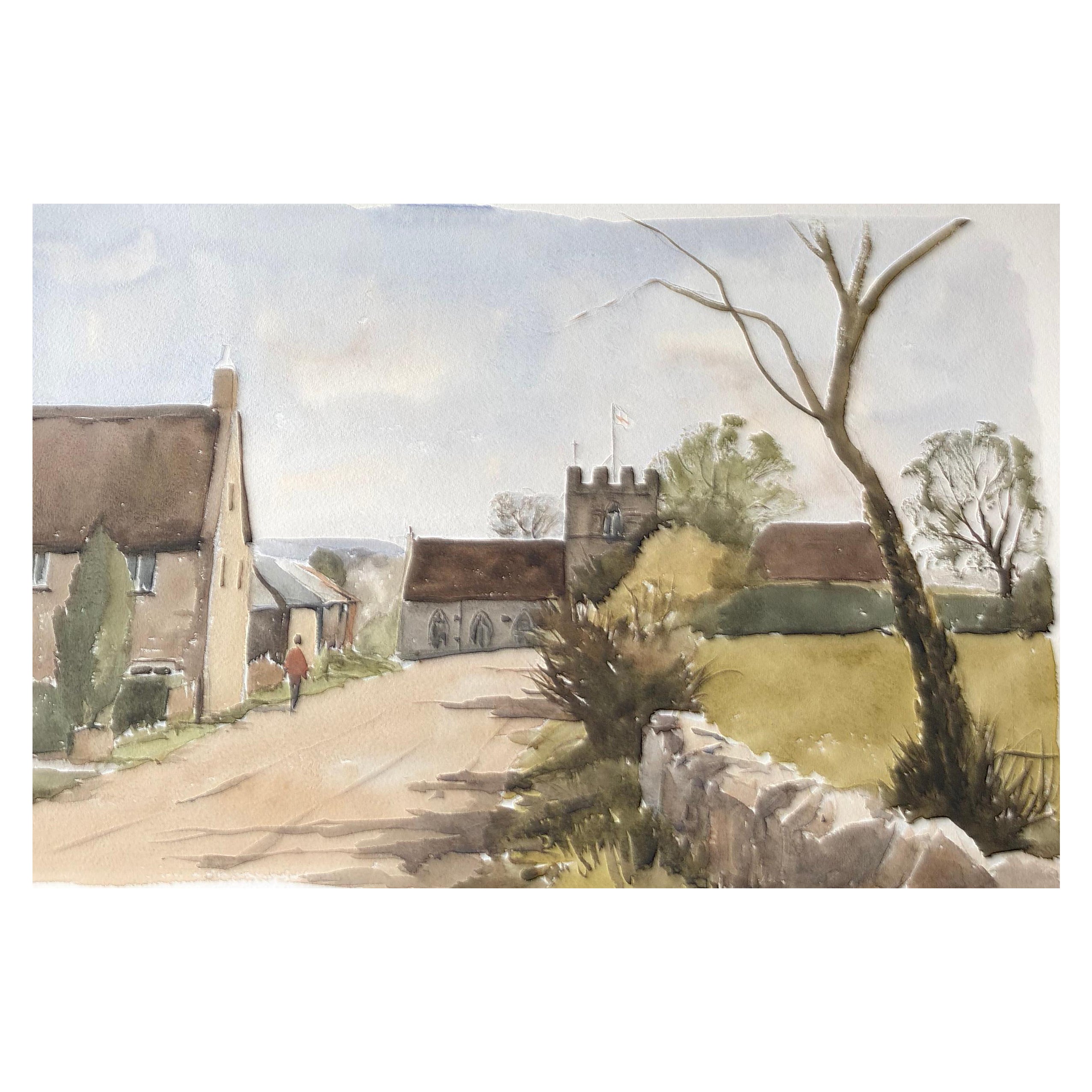 Dinton Church, Originales britisches Aquarellgemälde