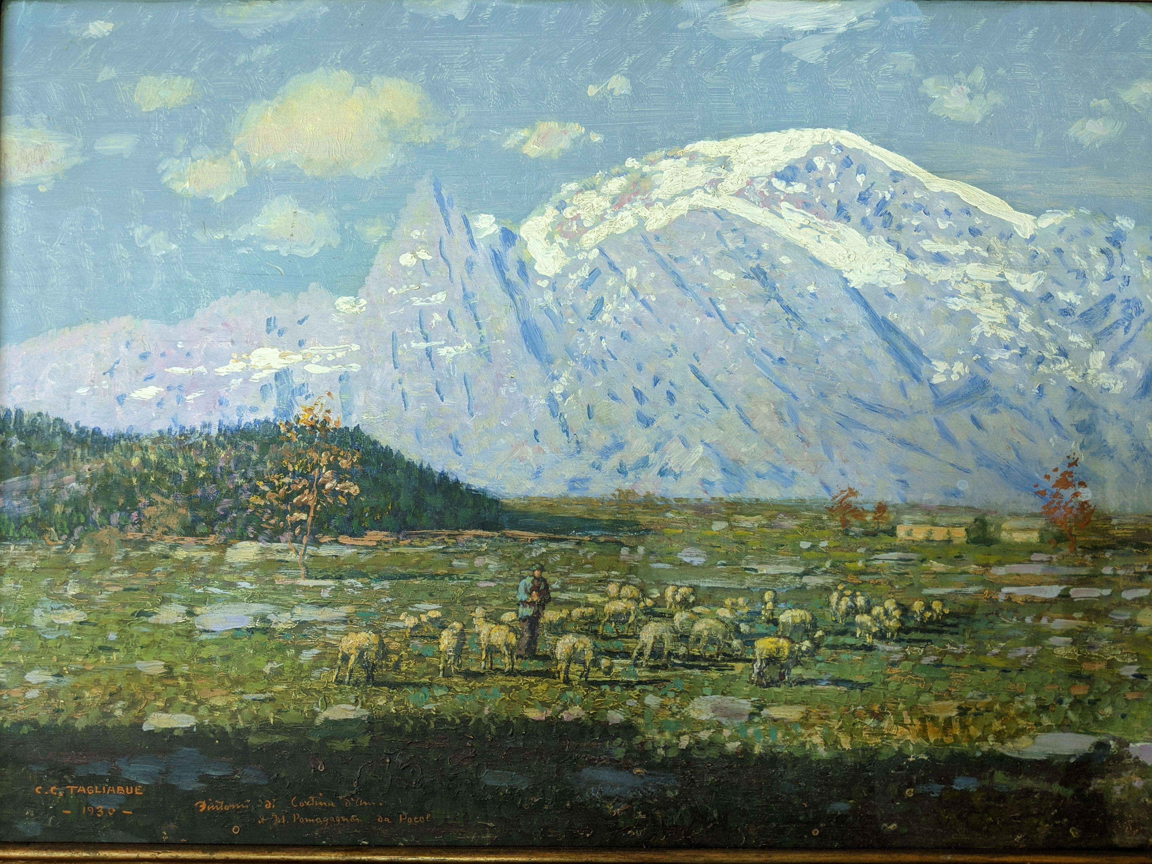 Surroundings Of Cortina D'ampezzo, C.C. Tagliabue 1930, oil on board In Good Condition For Sale In Varese, Lombardia