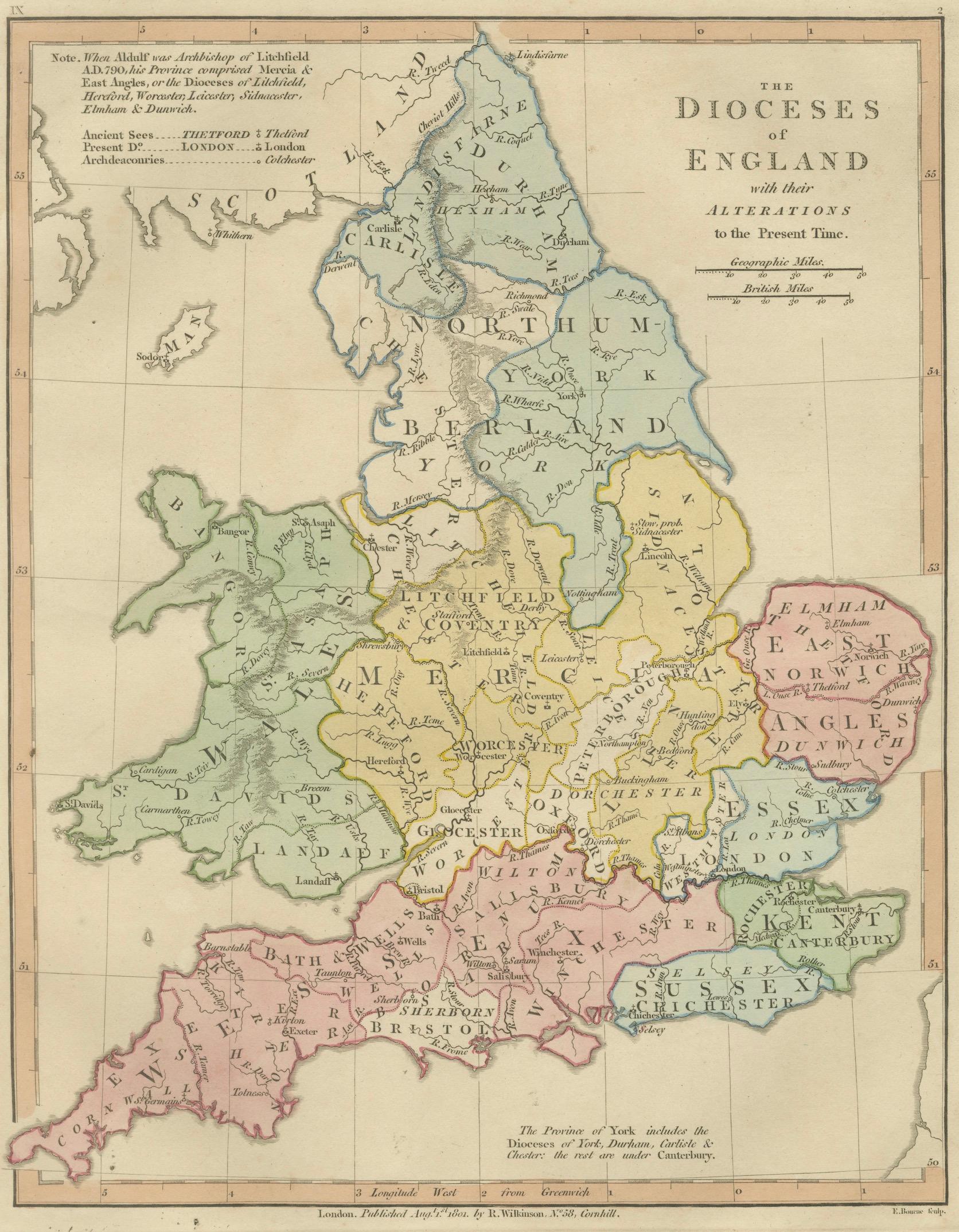 Dioceses of England — Ecclesiastical Map of England, Wilkinson 1801