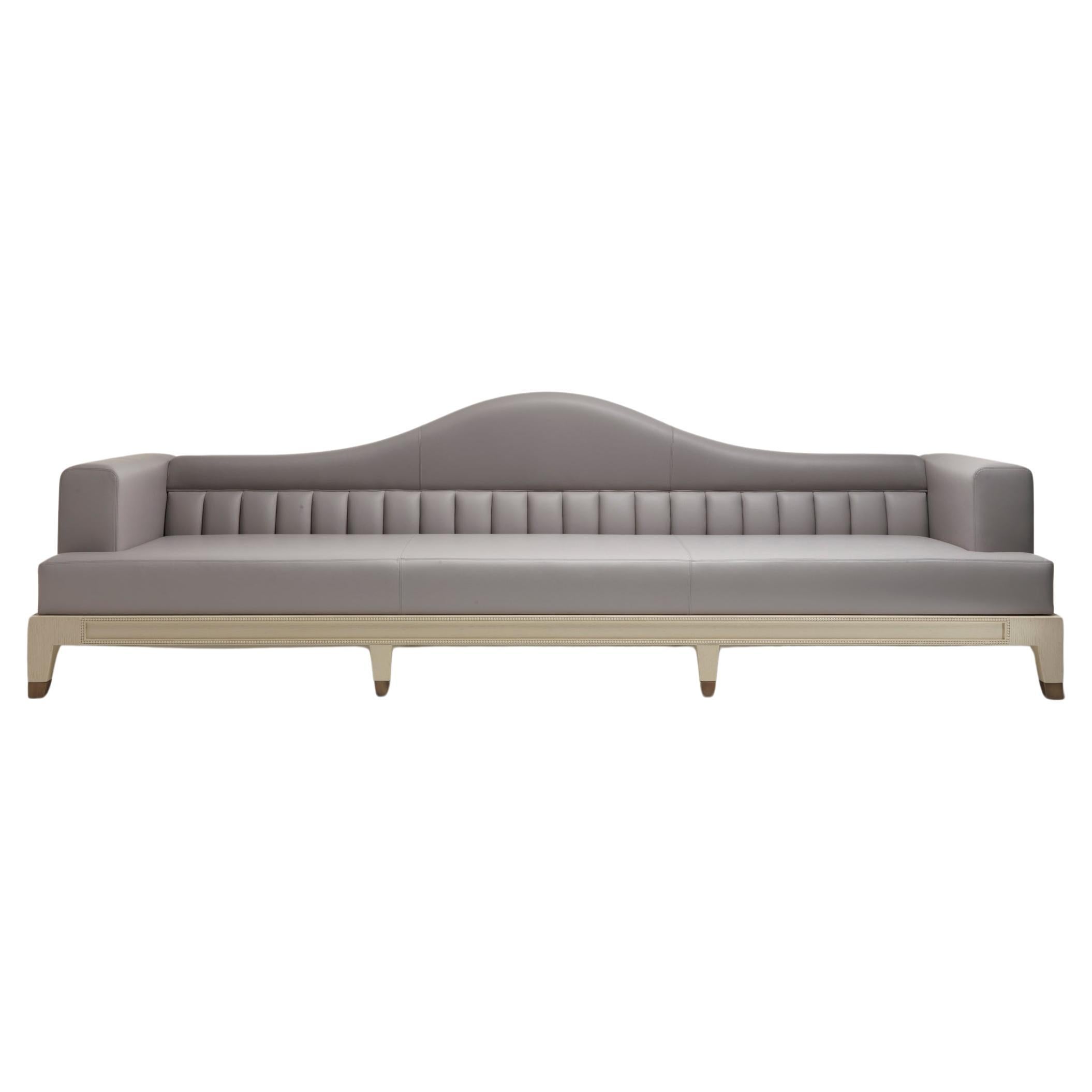 DIOCLETIAN Curve Back Upholstered Sofa in White Oak and Gray Leather