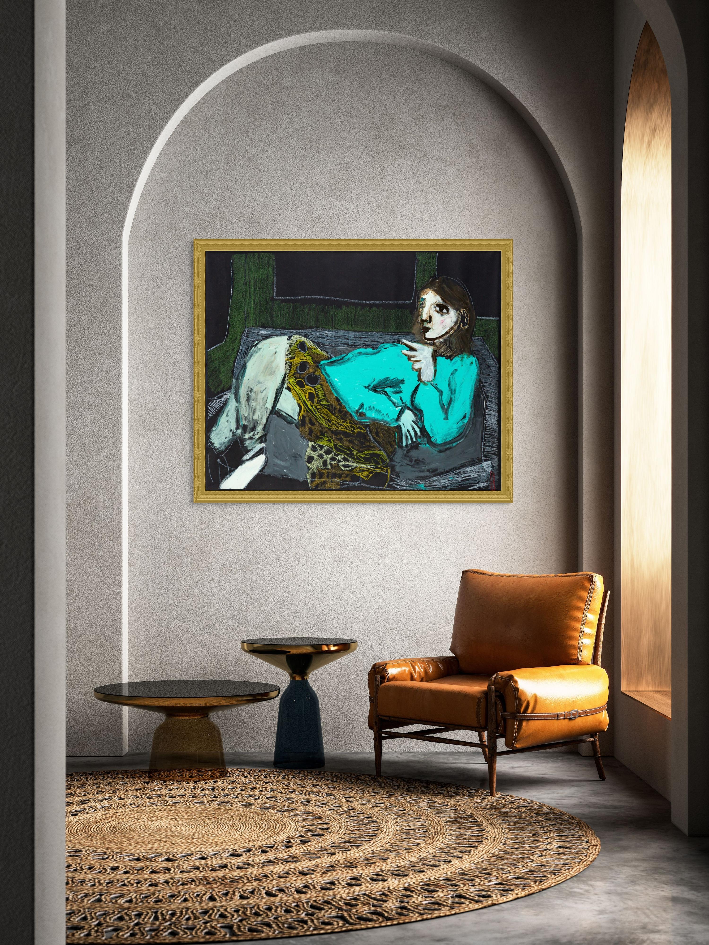 A couch, a leopard, patterned blanket, a cigarrette and what the most matters - Black Figurative Painting by Diogo Barros Pires