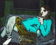 A couch, a leopard, patterned blanket, a cigarrette and what the most matters
