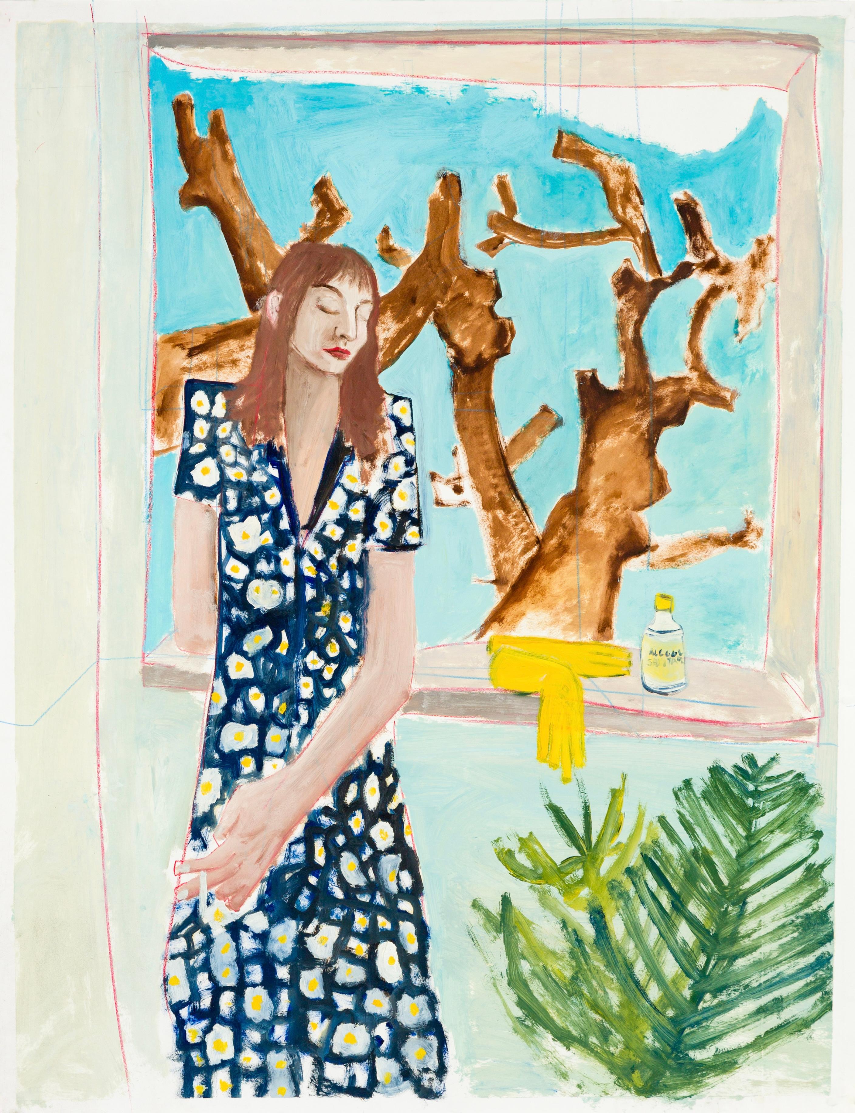 Diogo Barros Pires Figurative Painting – Acabara-se o alcool sanitário, fumava um cigarro. Es ist mehr grün im Haus