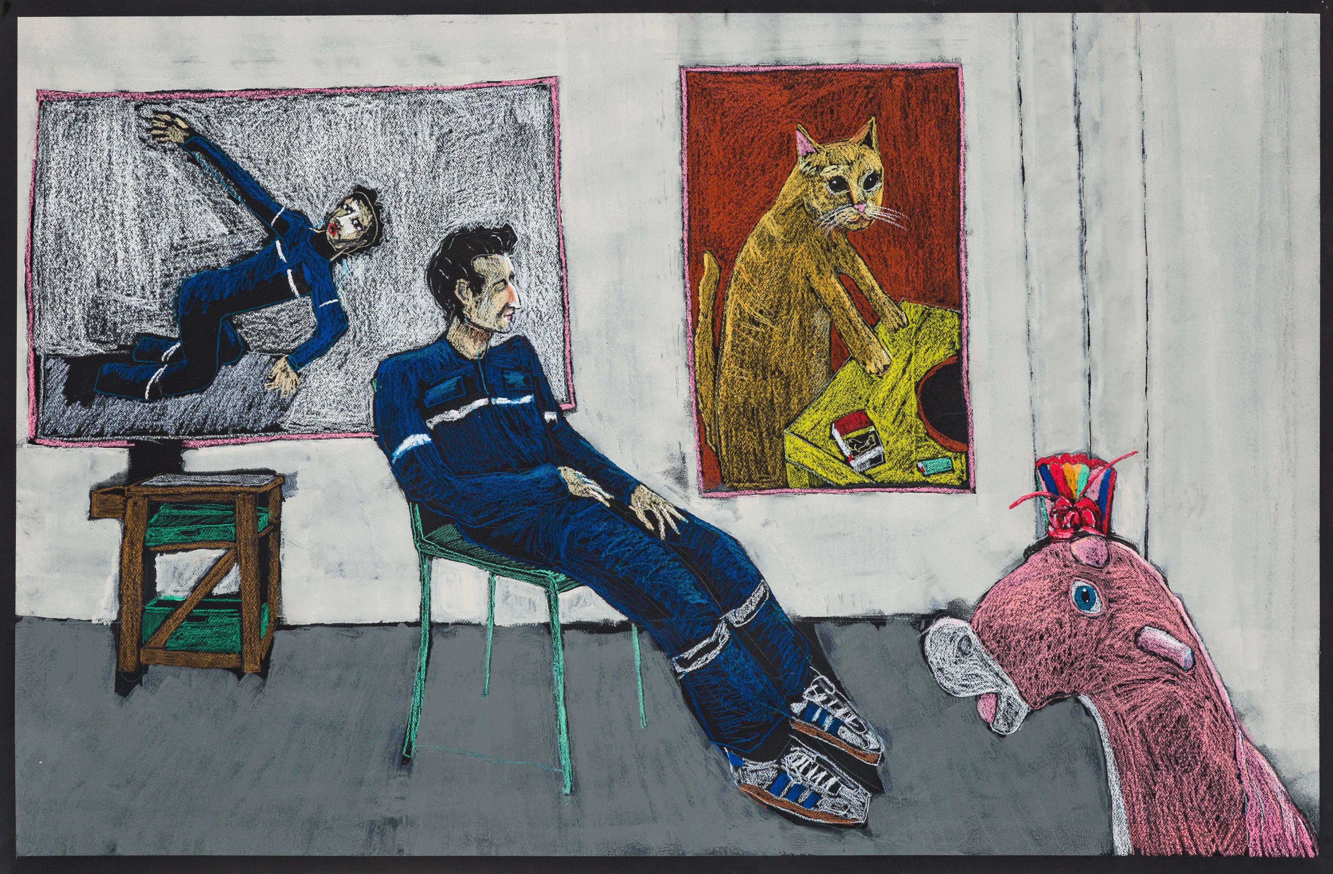 Diogo Barros Pires Figurative Painting - Double self portrait in the studio with my pink pony and my cat