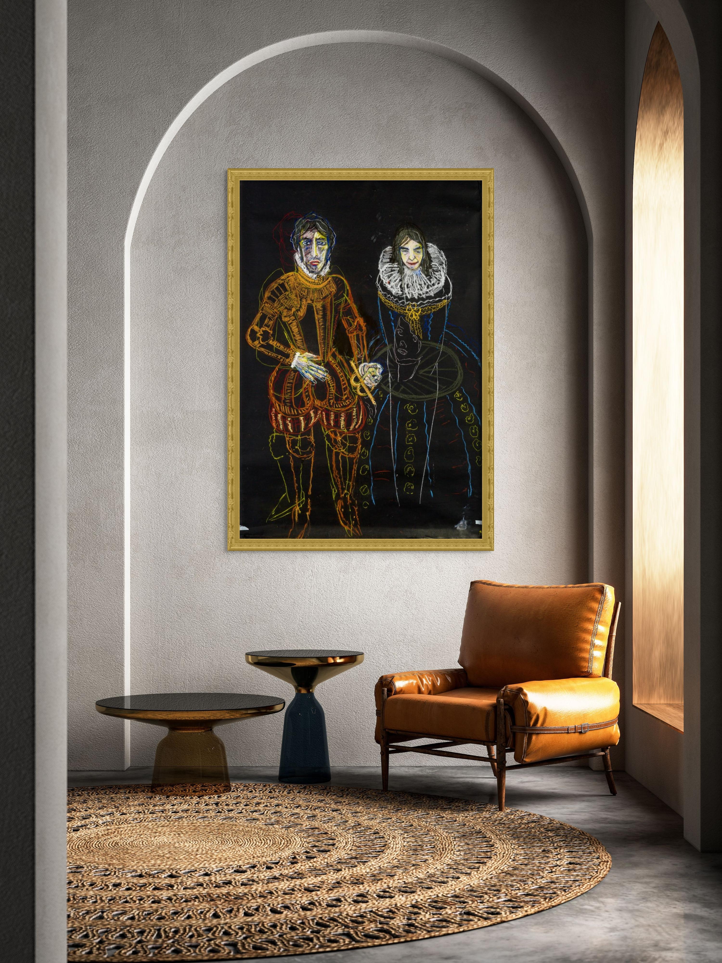 H.H. Sebastian und seine schöne, kühne Ehefrau (Schwarz), Figurative Painting, von Diogo Barros Pires