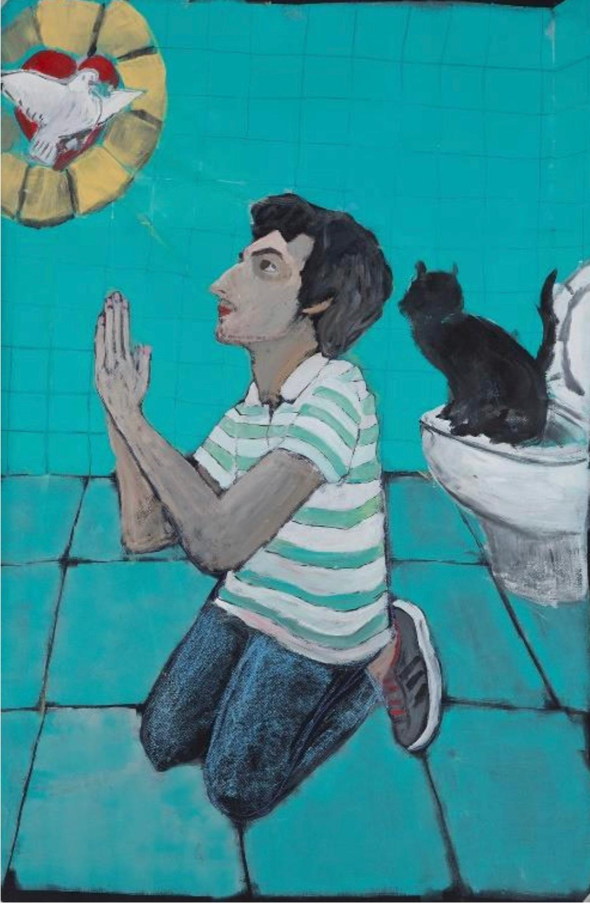 Me priant au Saint-Esprit Alors que le Chat nage - Painting de Diogo Barros Pires