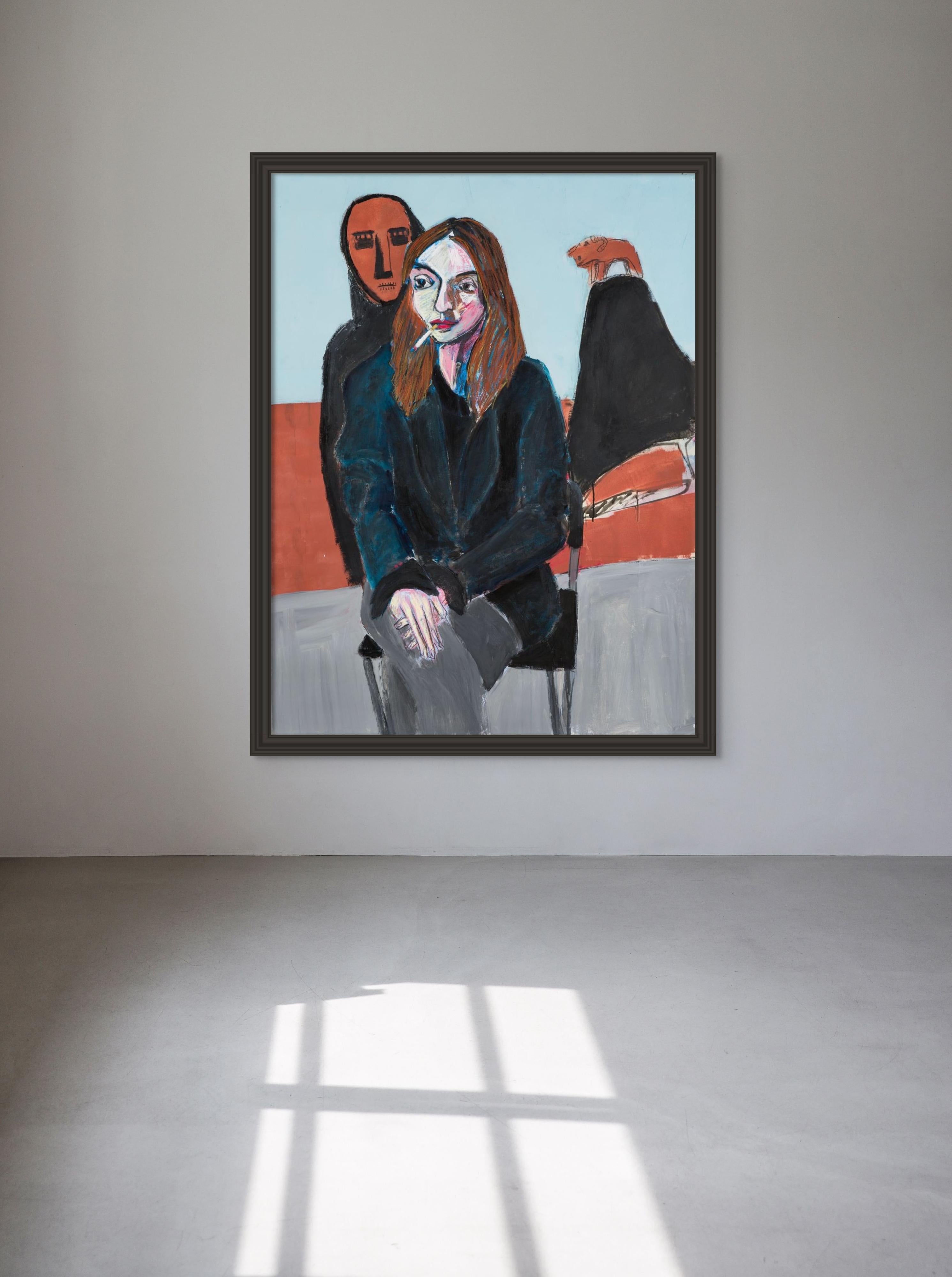 Porträt von ihr im Studio sitzend (Grau), Figurative Painting, von Diogo Barros Pires