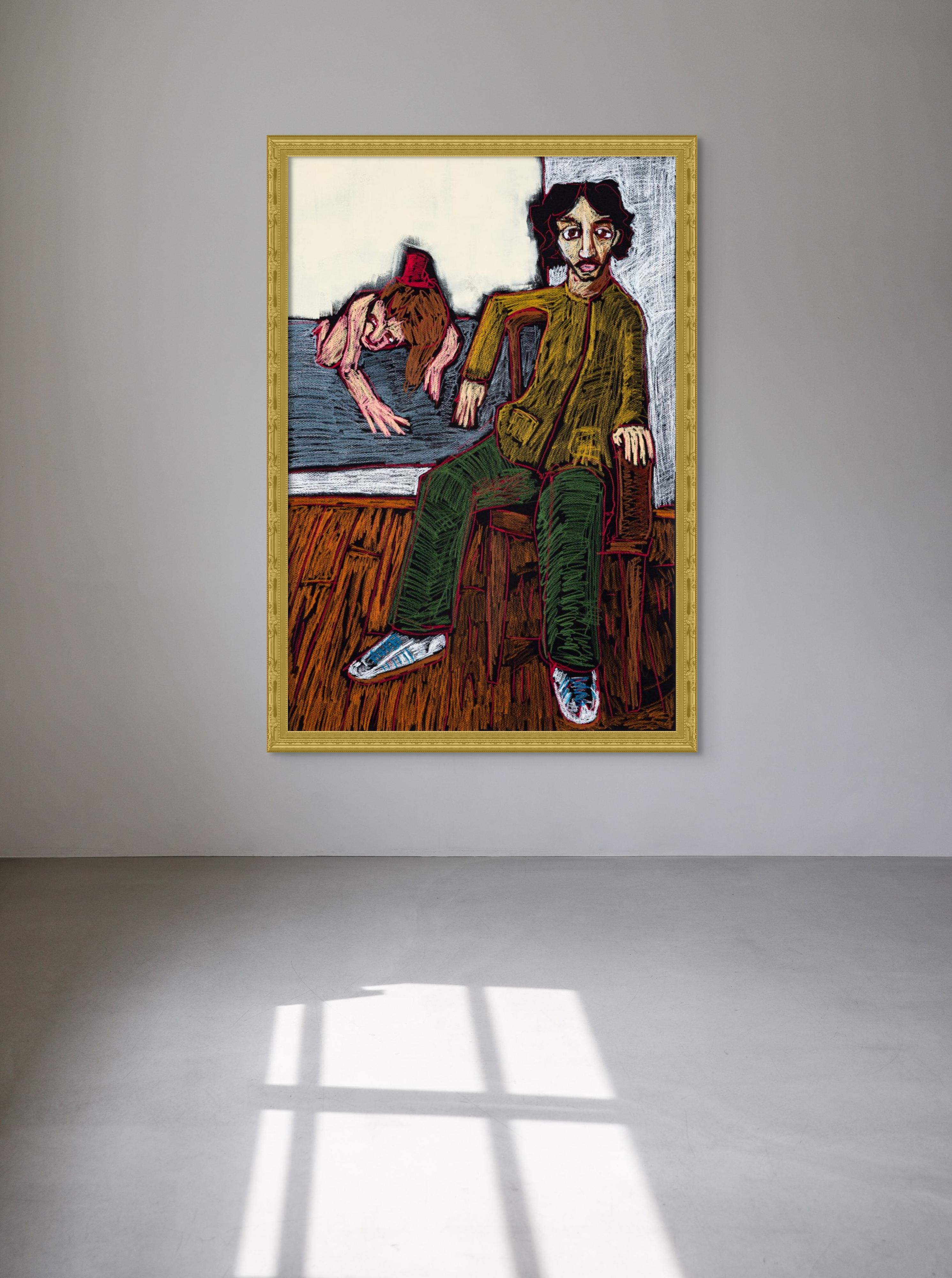 Self portrait in the studio with a painting yet to be started - Black Figurative Painting by Diogo Barros Pires