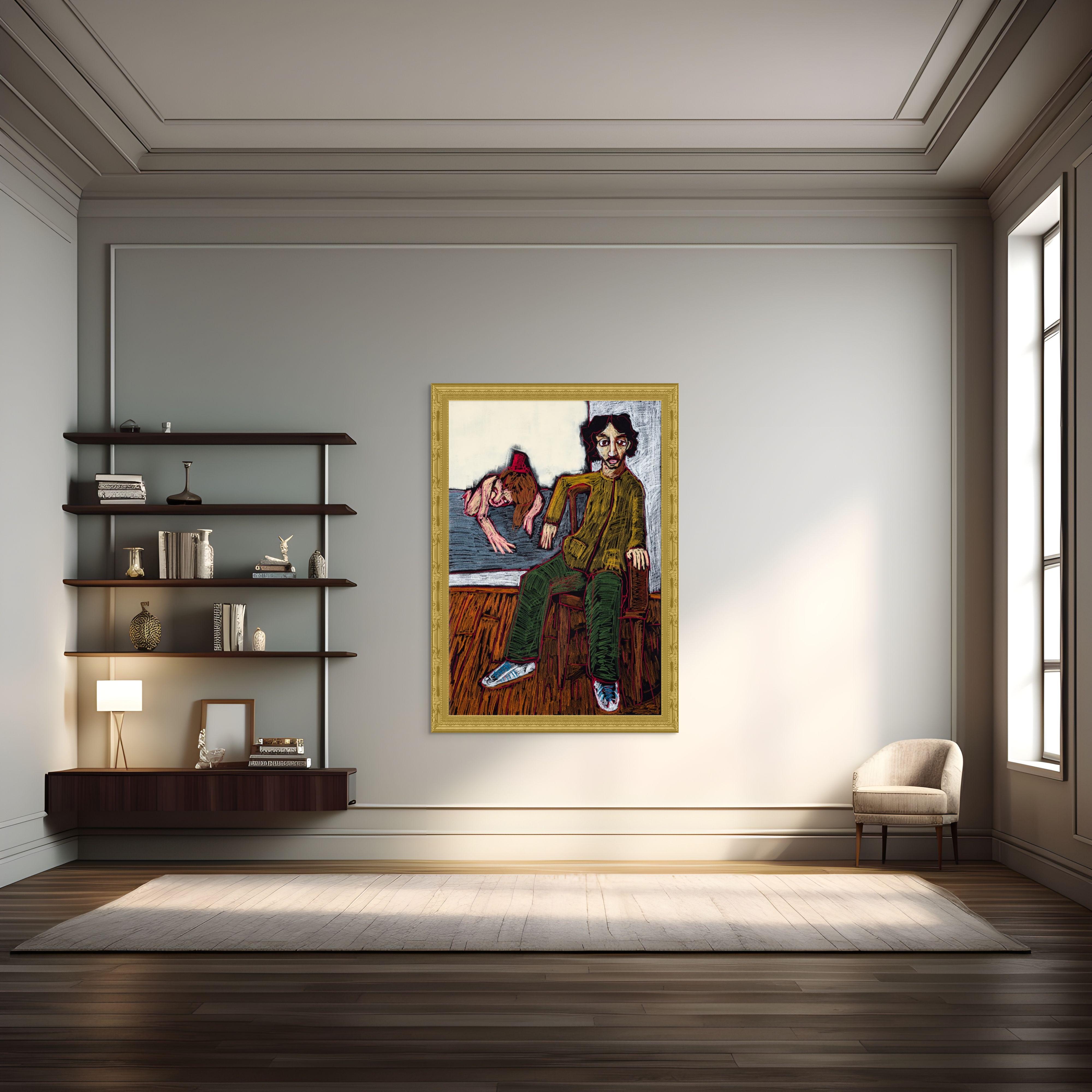 Autorretrato en el estudio con un cuadro aún por empezar - Figurative Painting Negro de Diogo Barros Pires