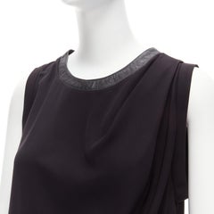 DION LEE black leather trim round collar silky drape sleeveless tank top AUS6 XS