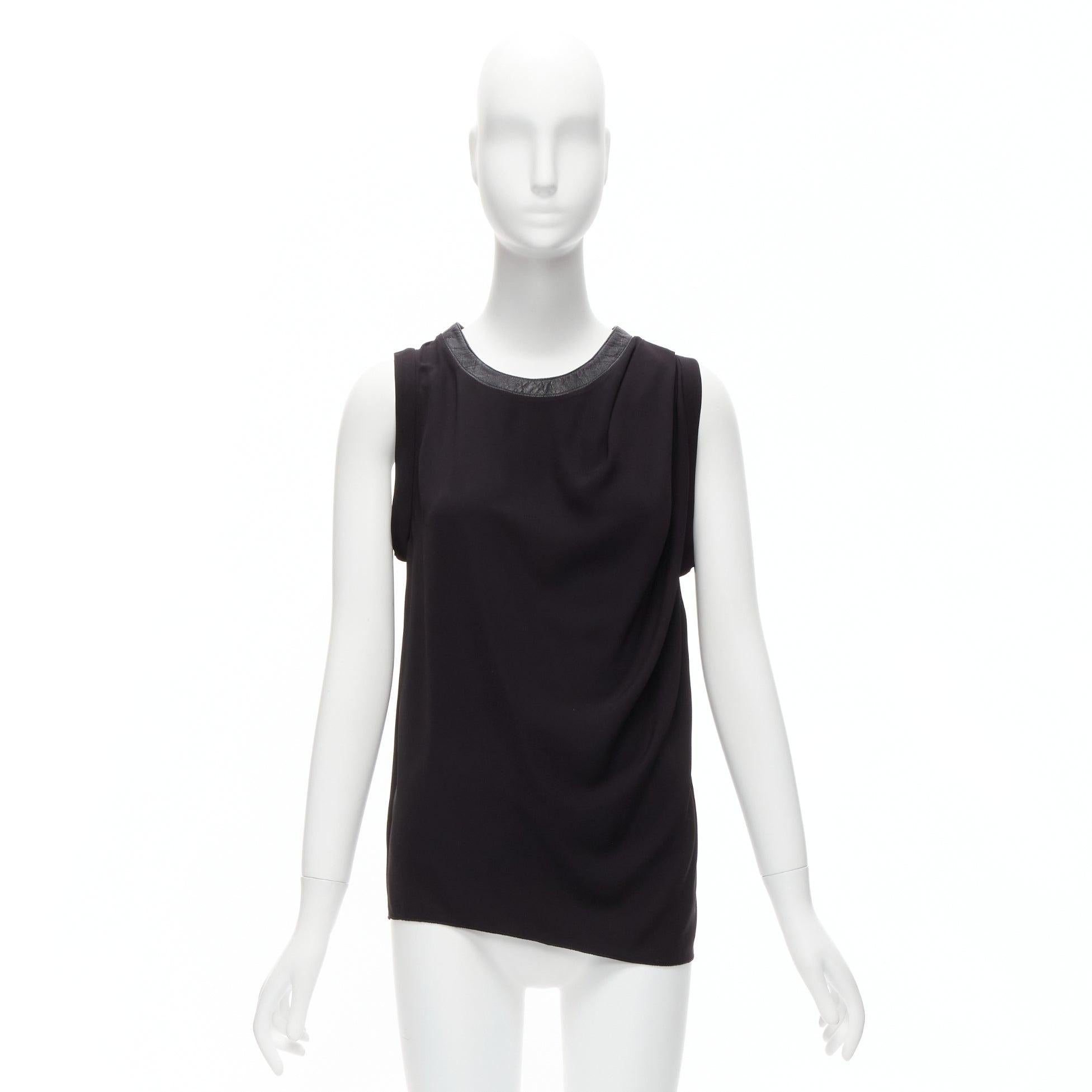 DION LEE schwarzer Lederbesatz runder Kragen seidiger Faltenwurf ärmelloses Tanktop AUS6 XS im Angebot 4
