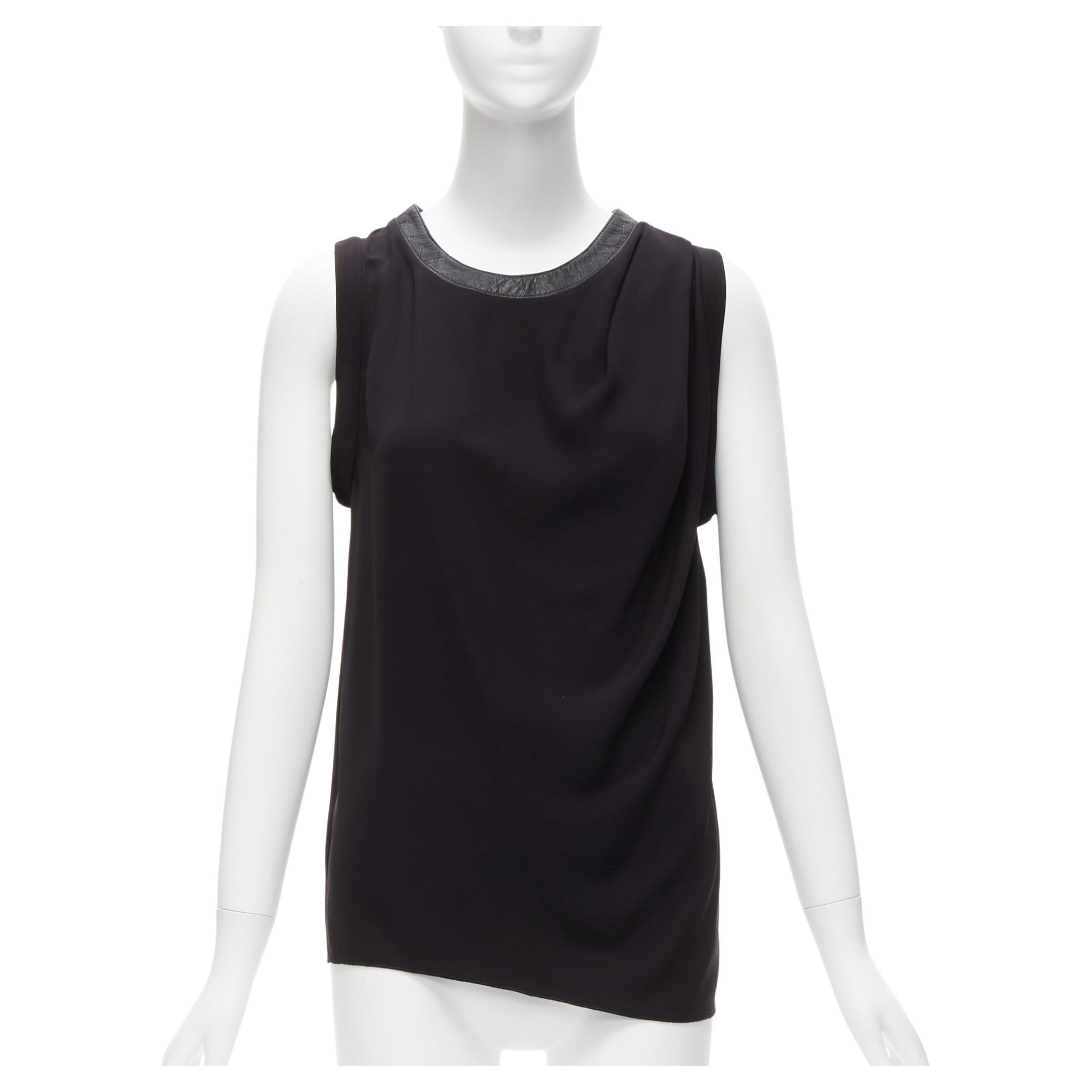 DION LEE schwarzer Lederbesatz runder Kragen seidiger Faltenwurf ärmelloses Tanktop AUS6 XS im Angebot