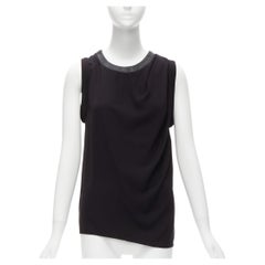 Dion LEE - Débardeur sans manches en cuir noir à col rond et drapé soyeux AUS6 XS
