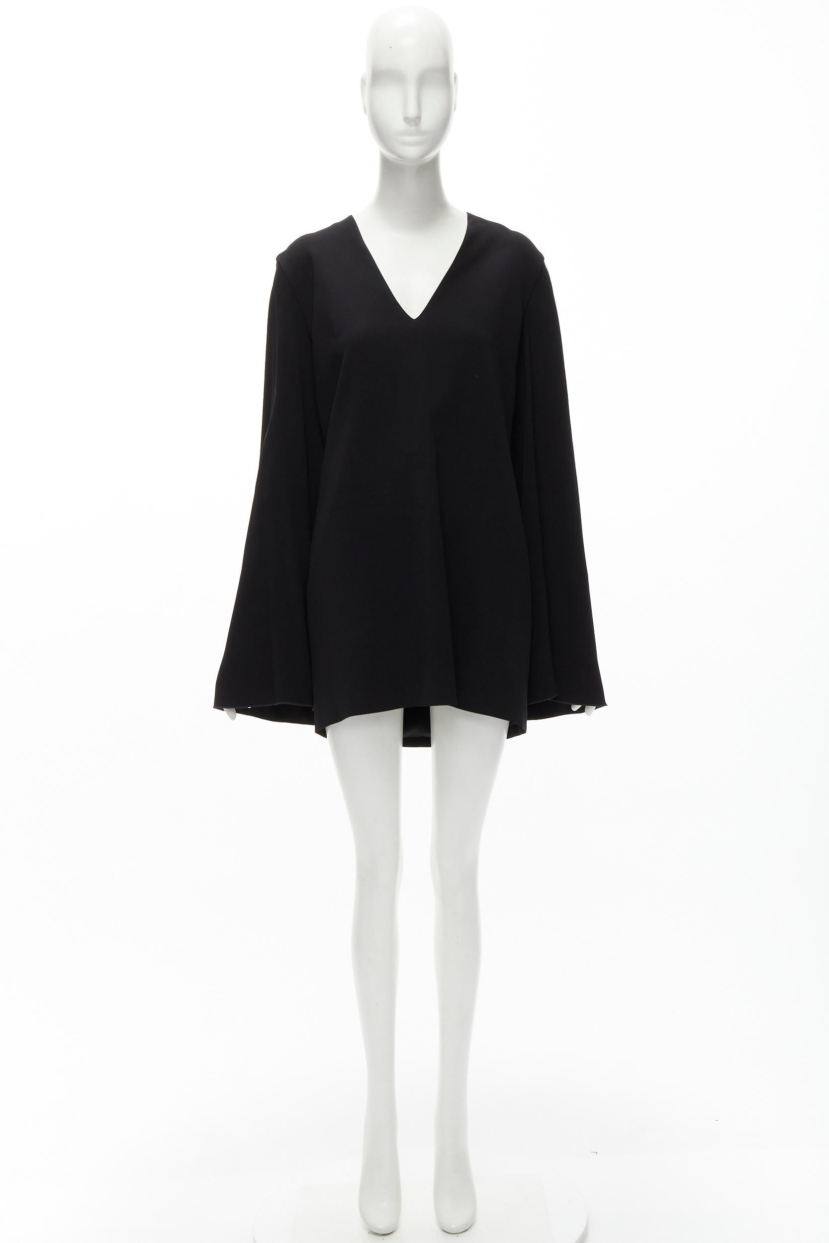 DION LEE black satin cape sleeve minimal V neck boxy short dress AUS10 M For Sale 5