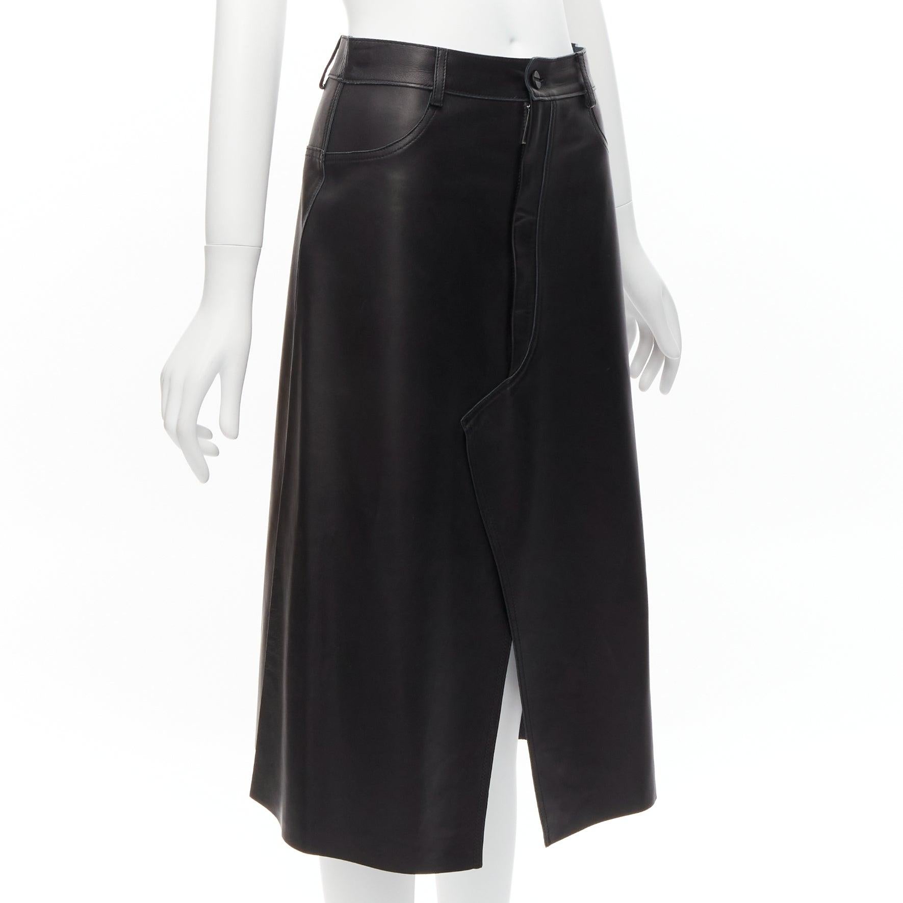 Black DION LEE black sheep leather back yoke front slit A-line skirt UK6 XS For Sale