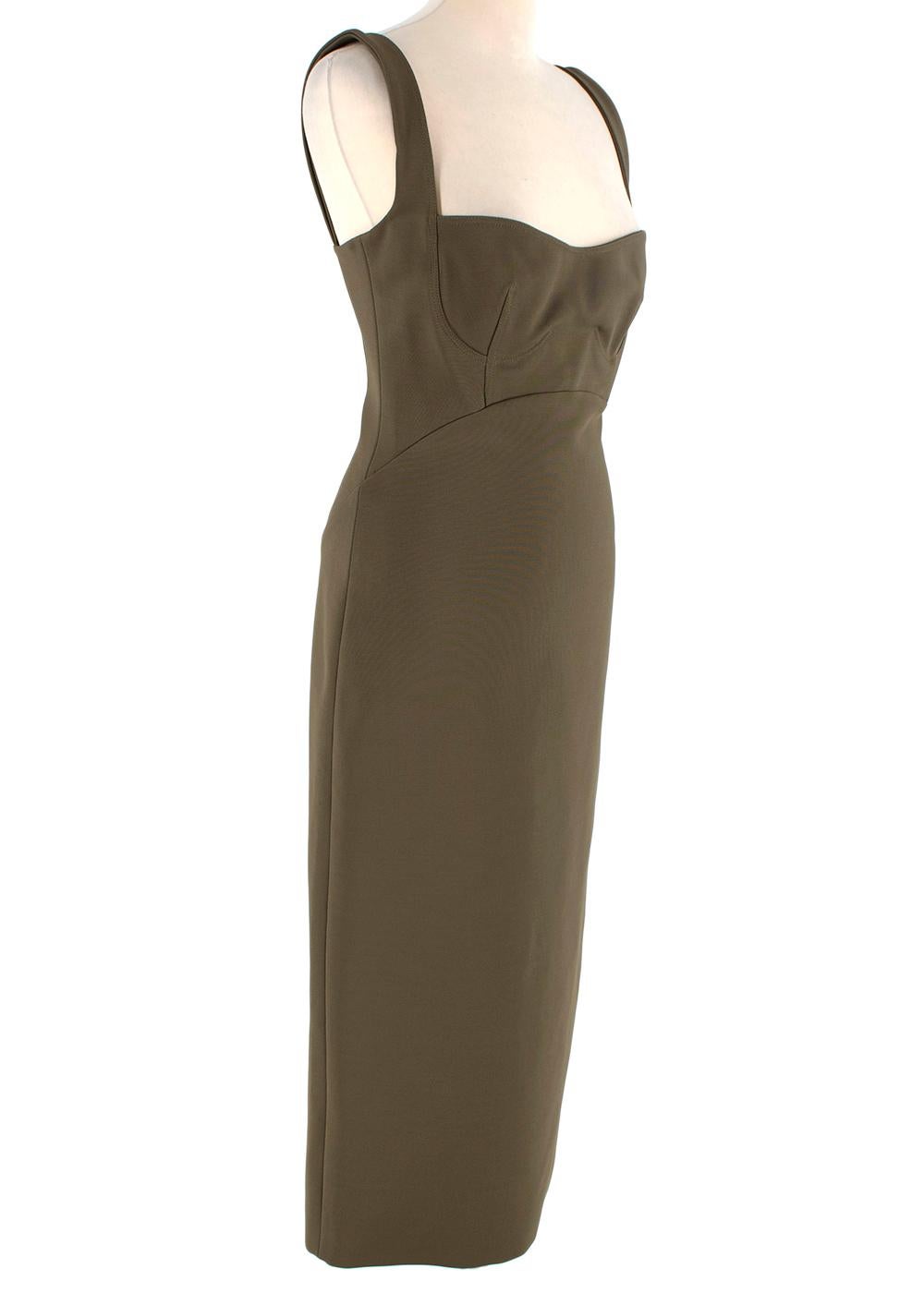 Dion Lee Khaki Sleeveless Sweetheart Midi Dress 

-Sweetheart neckline
- back zip closure
- fitted bust
- Fully lined

Measurements:
38cm shoulder to shoulder
38cm chest
37cm waist 
42cm hip
3cm sleeve length 
99cm length 

All measurements are