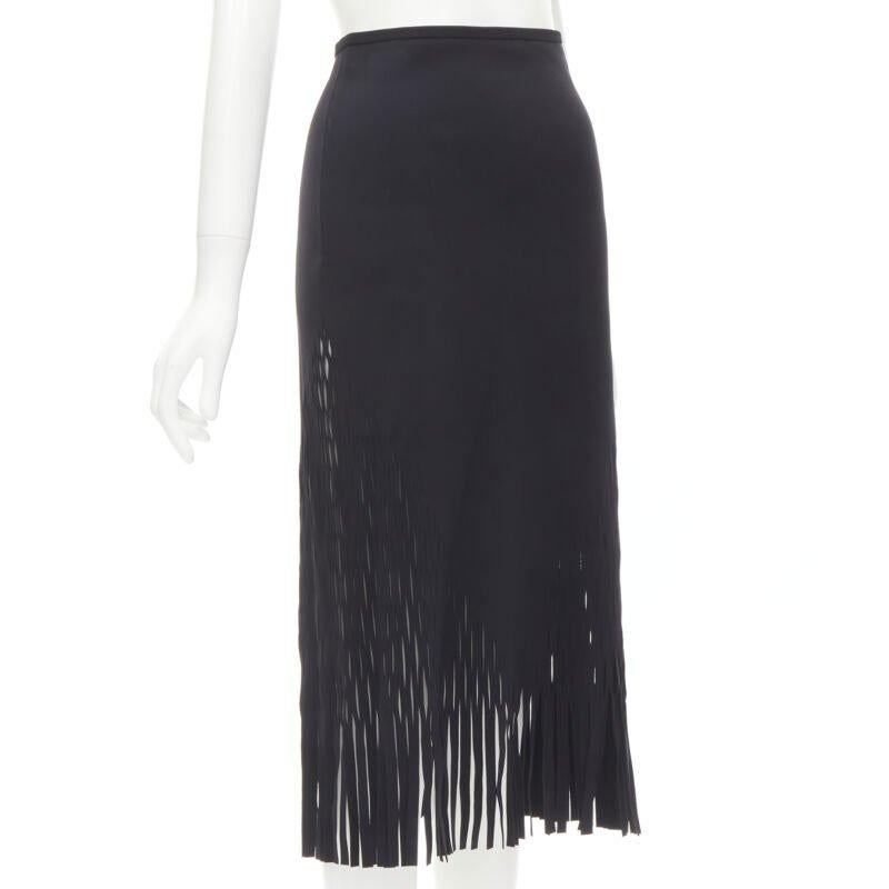 Black DION LEE laser cut perforated fringe midi skirt S For Sale