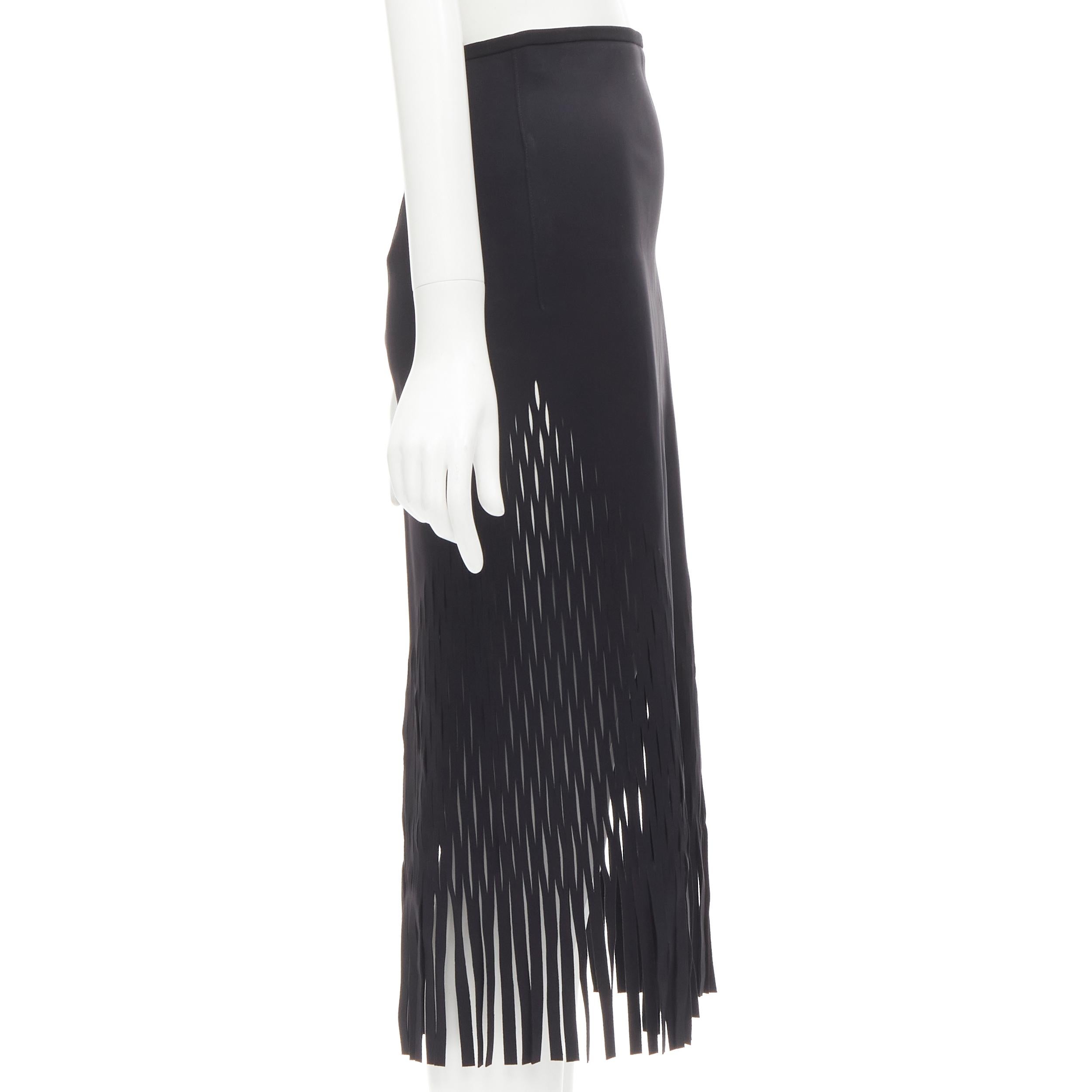 Black DION LEE Runway laser cut perforated fringe midi skirt S For Sale