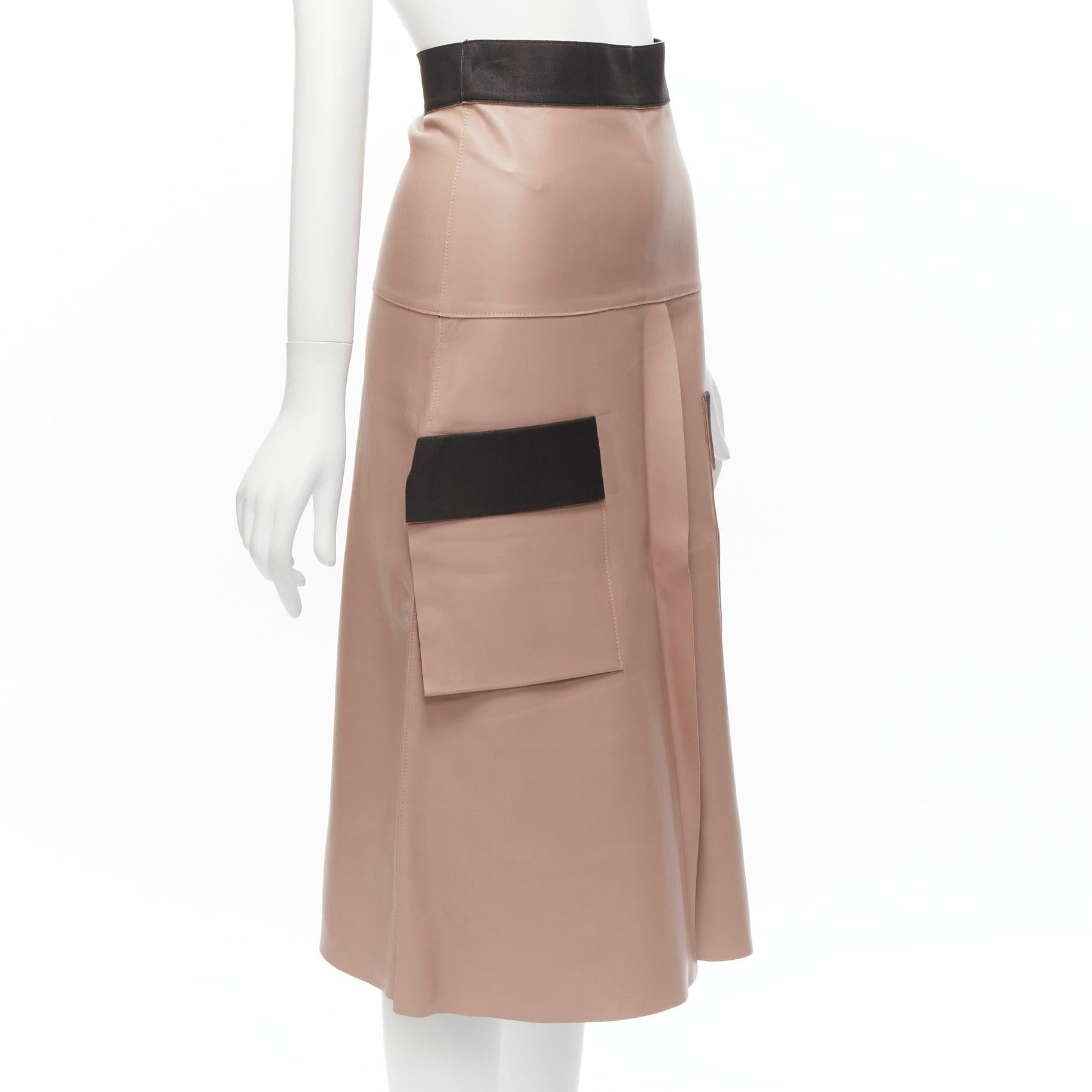 Brown DION LEE Sandy pink brown sheep leather panelled A-line midi skirt UK6 XS For Sale