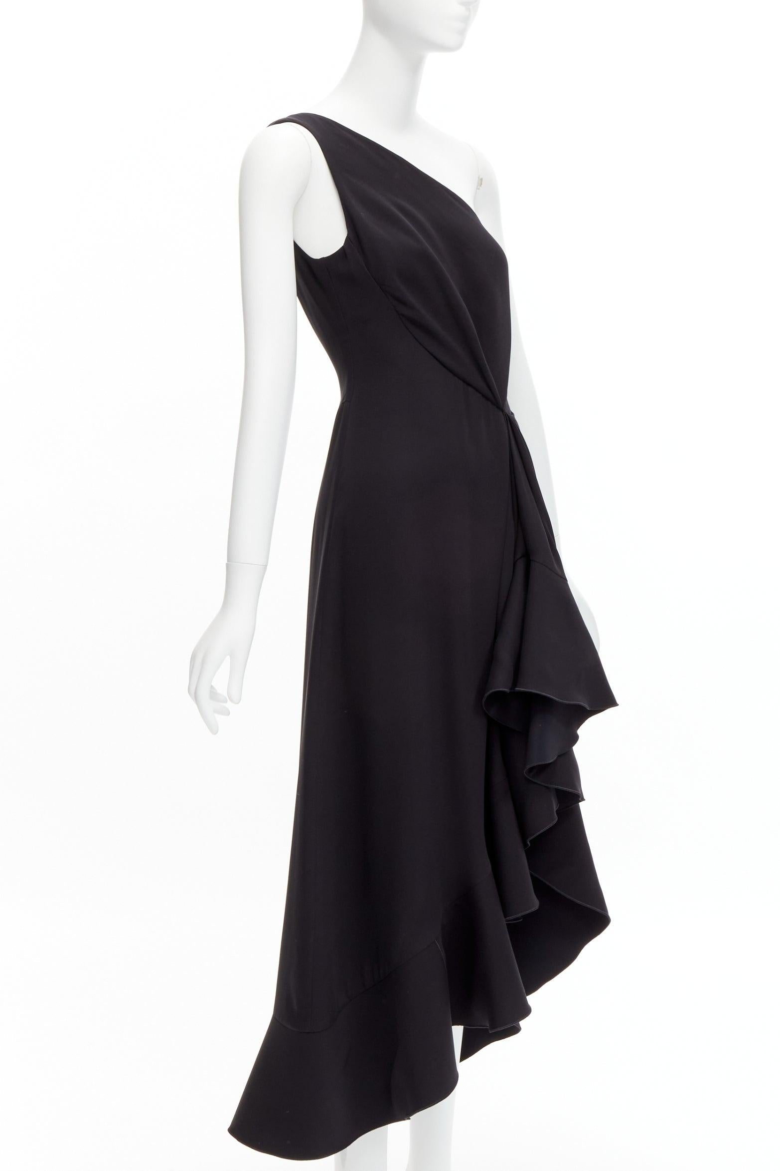 Black DION LEE silk one shoulder drape front asymmetric ruffle dress AUS10 M For Sale