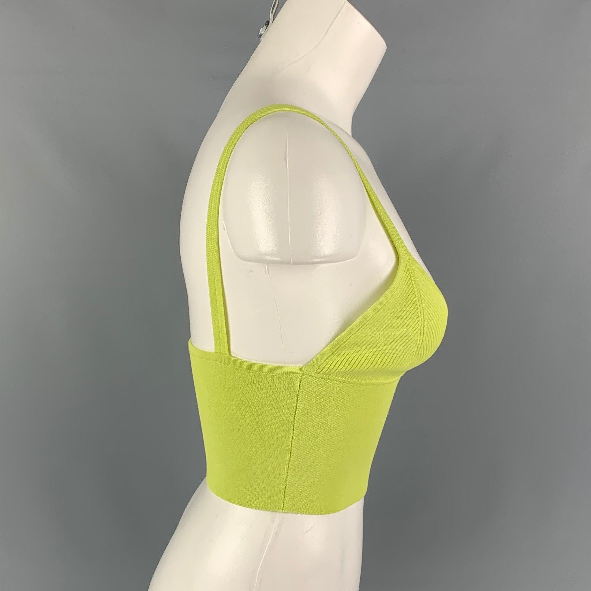 DION LEE 'Density' top comes in a neon yellow rayon blend featuring a bralette style and a rib knit trim. Very Good
Pre-Owned Condition. 

Marked:   UK 6 / US 2 / FR 34 / IT 38 / JP 5 

Measurements: 
  Bust: 23 inches  Length: 5.5 inches 
  
  
